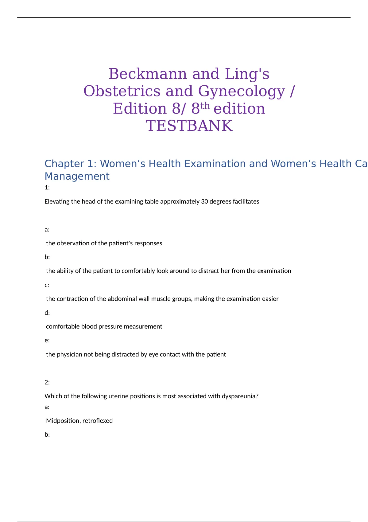 Beckmann And Lings Obstetrics And Gynecology Edition 8 8th Edition Testbank Beckmann And 3164