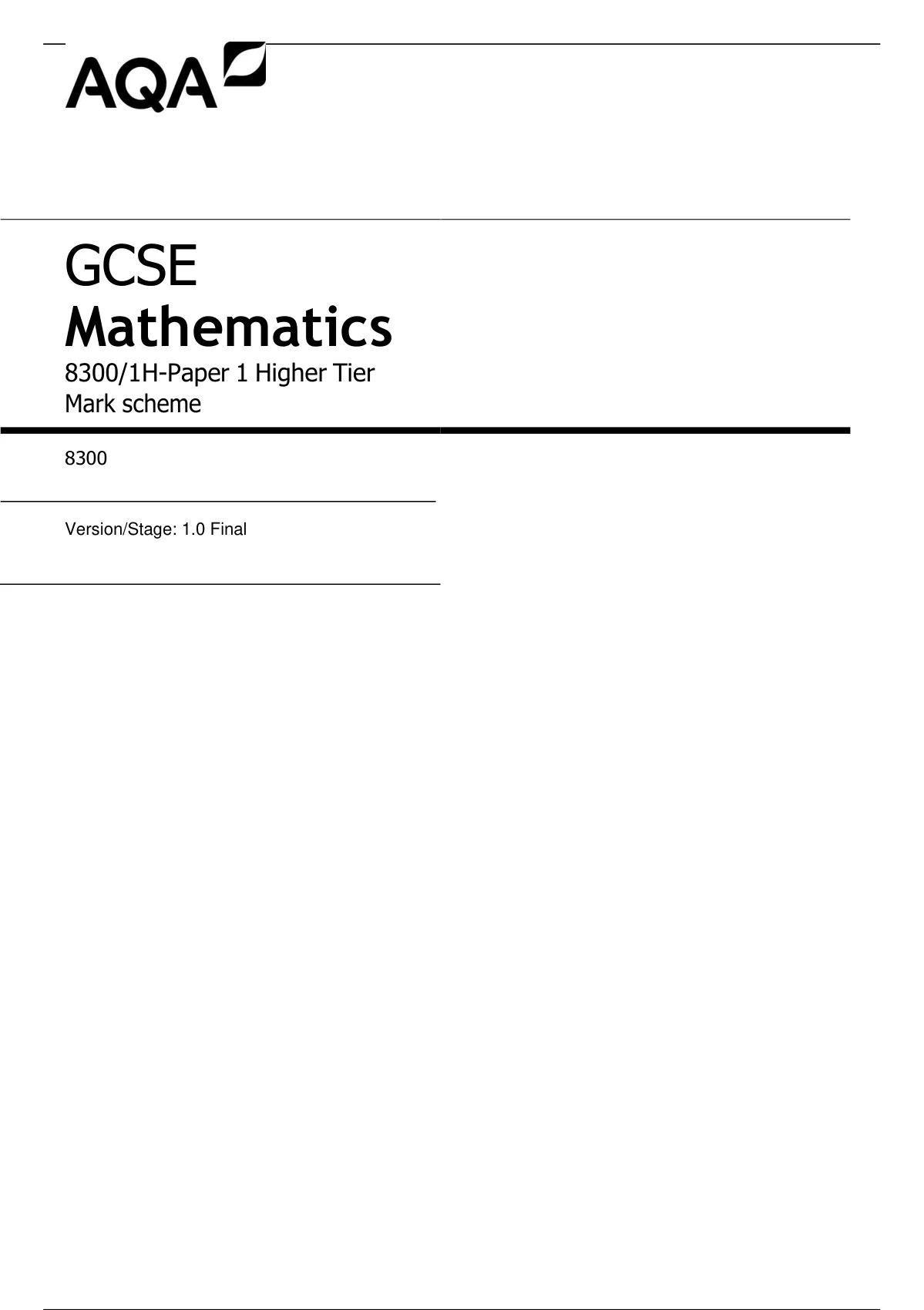 AQA GCSE Mathematics 8300/1H-Paper 1 Higher Tier Mark scheme| Complete ...