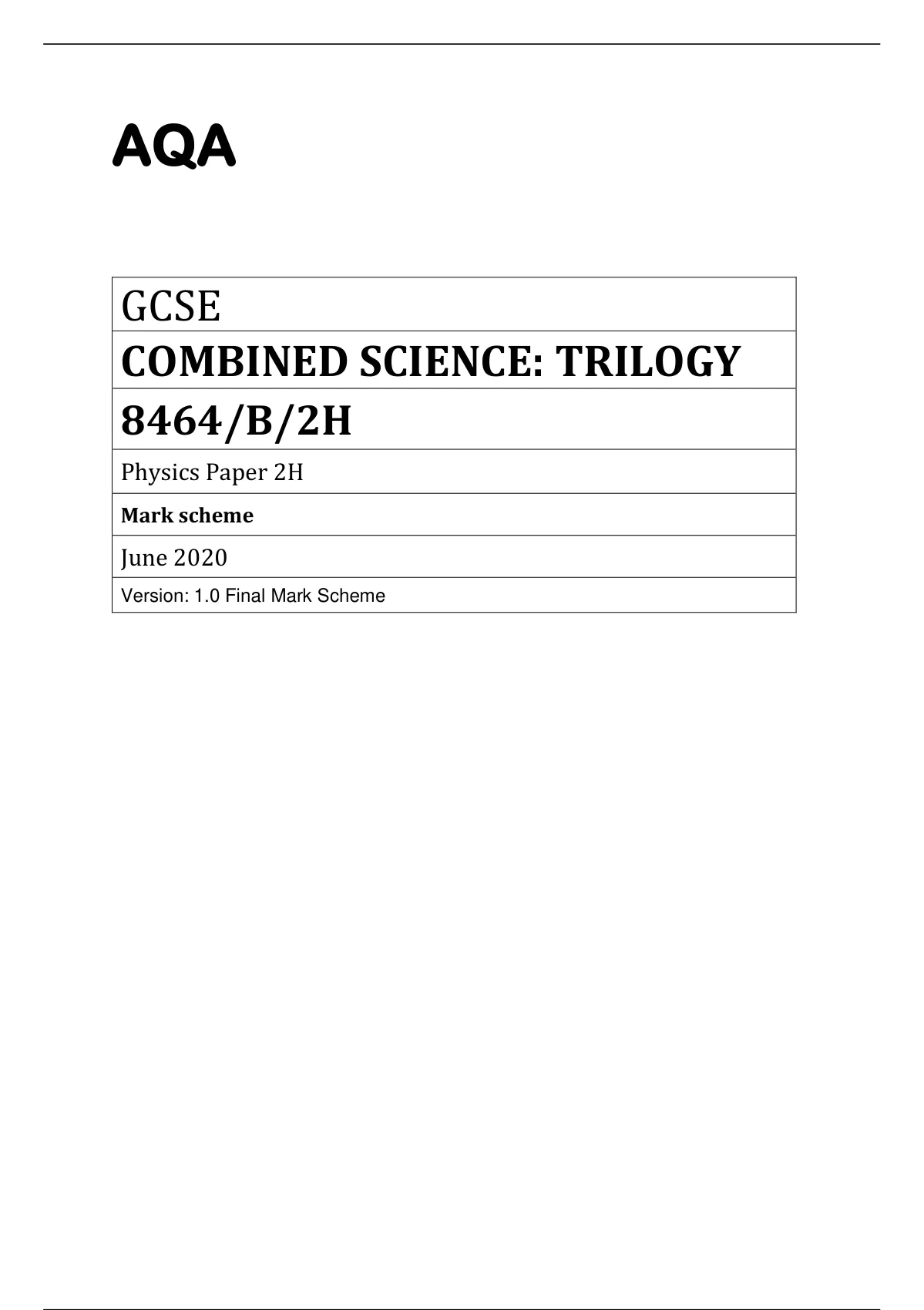 AQA GCSE COMBINED SCIENCE: TRILOGY 8464/B/2H Physics Paper 2H Mark ...