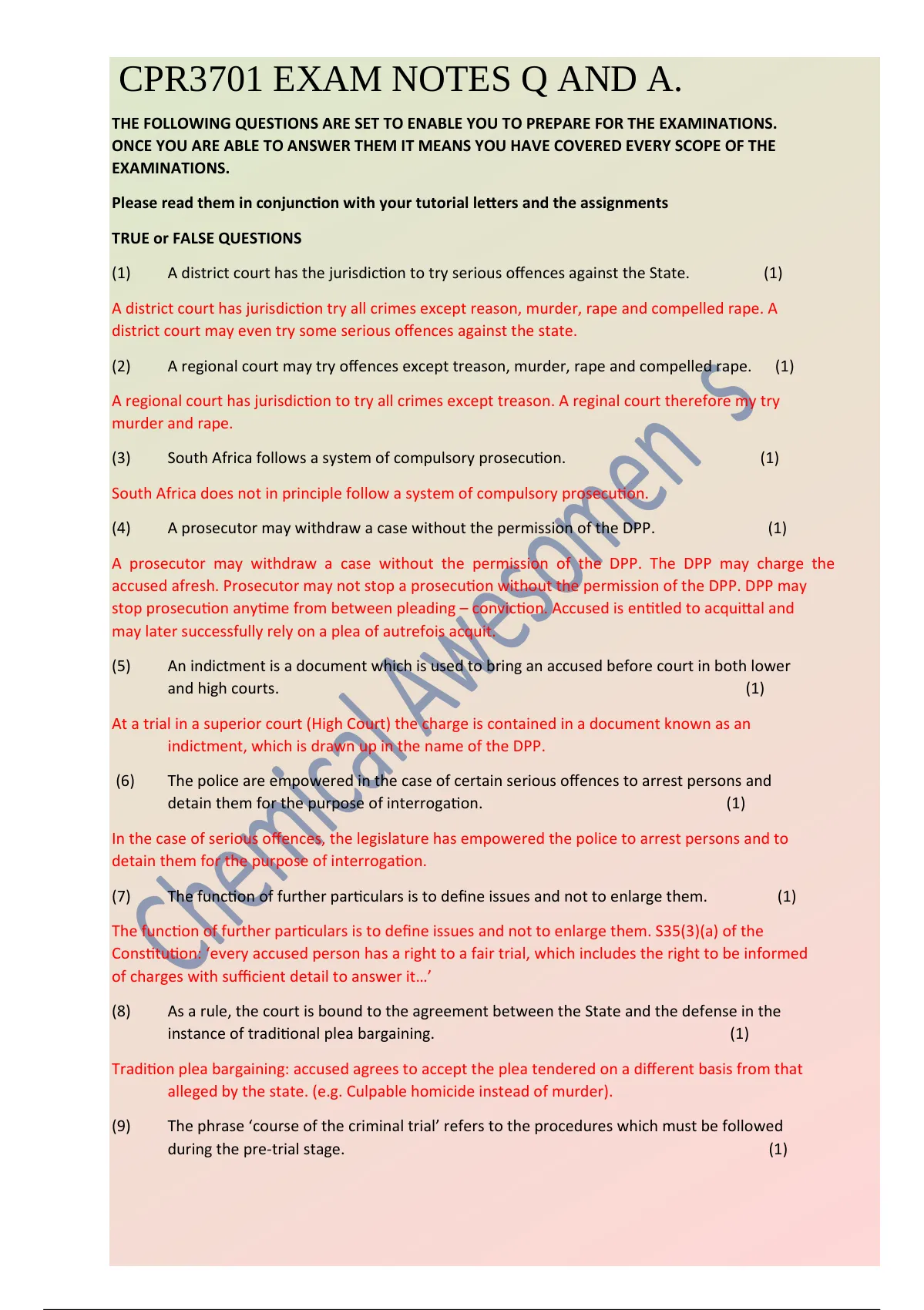 CPR3701 EXAM NOTES Q AND A 2021 - CPR3701 - Criminal Procedure - Stuvia US