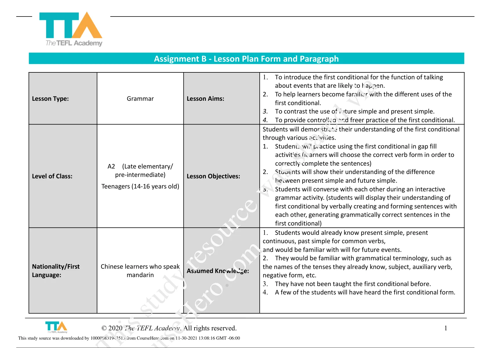 The TEFL Academy - Assignment B - Lesson Plan Form And Paragraph ...