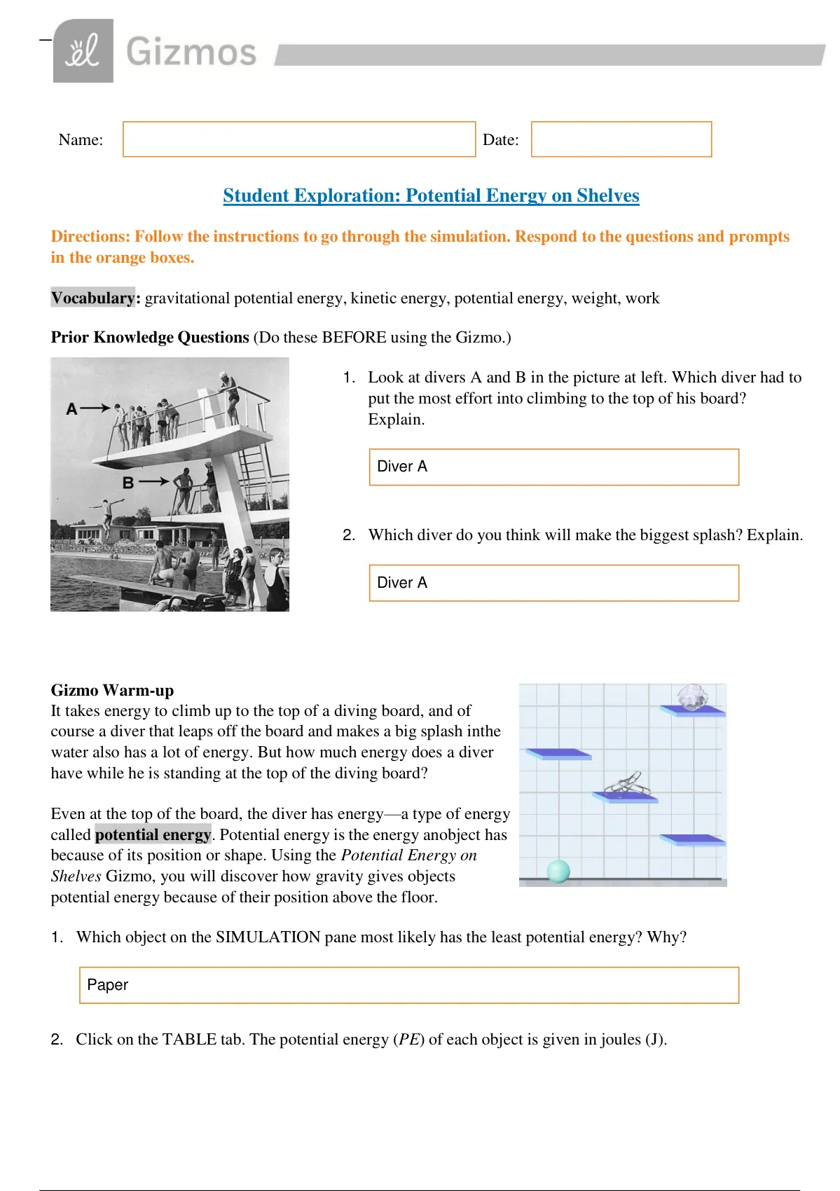 Gizmos Student Exploration: Potential Energy on Shelves - Gizmos ...