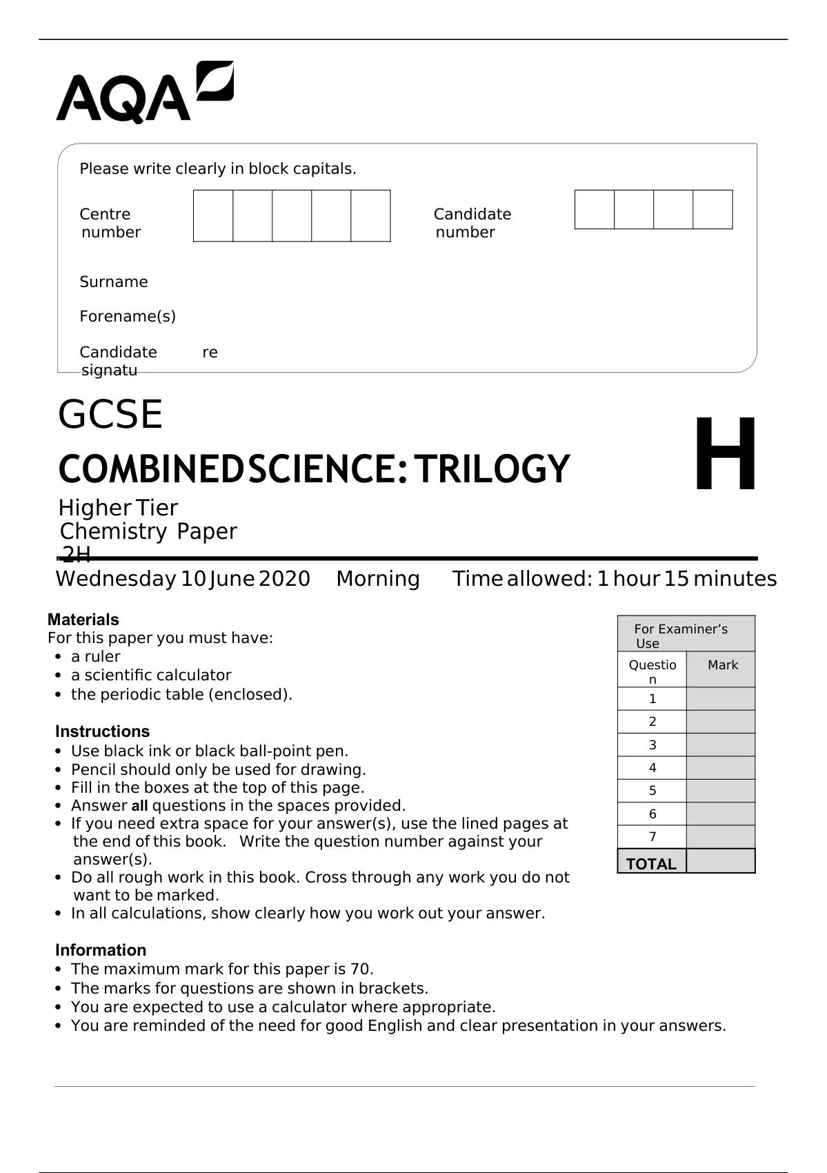 AQA GCSE COMBINED SCIENCE TRILOGY HIGHER TIER CHEMISTRY PAPER 2H QP ...