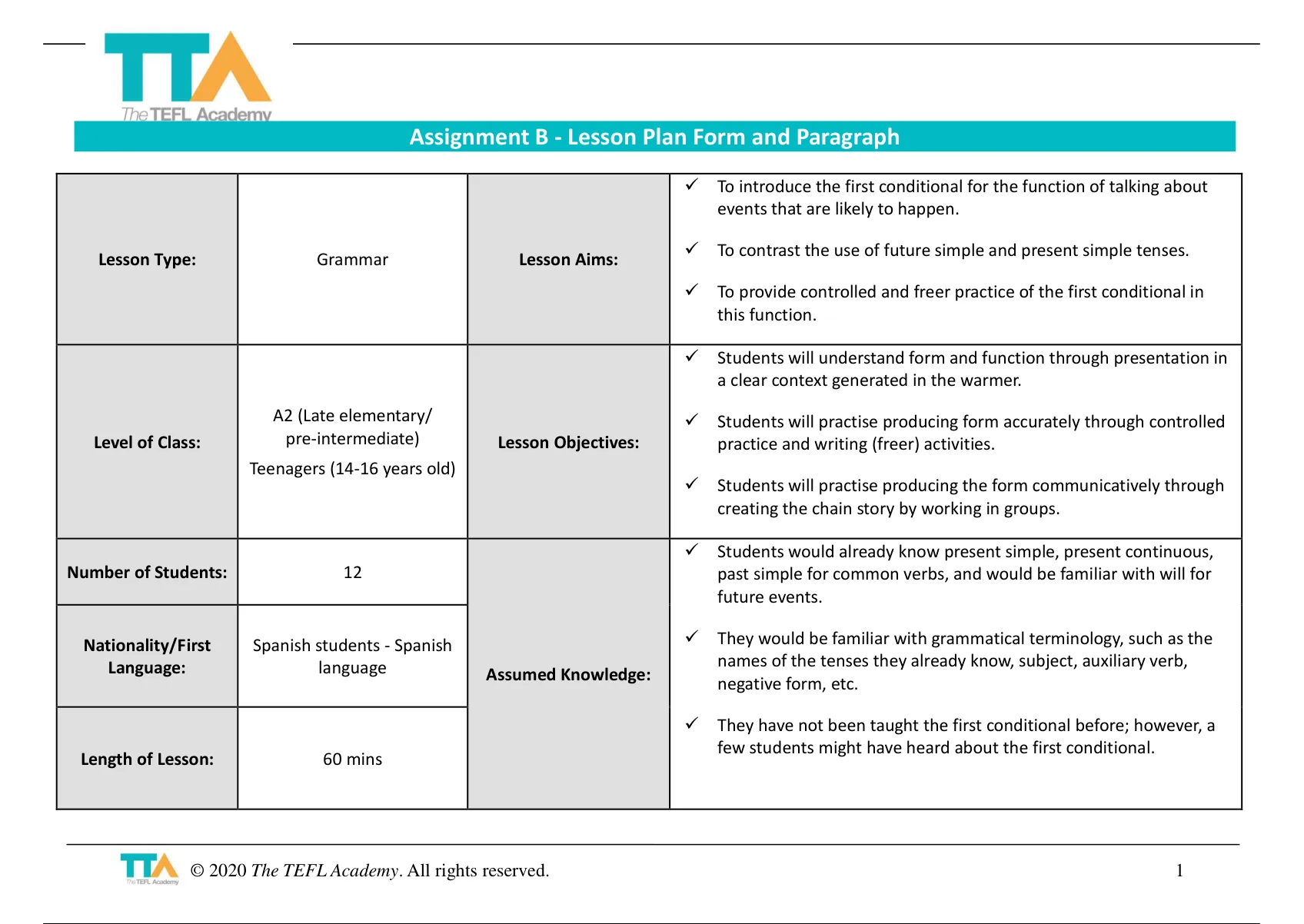 The TEFL Academy (Level 5 TEFL Course). Assignment B. 2. Lesson Plan ...