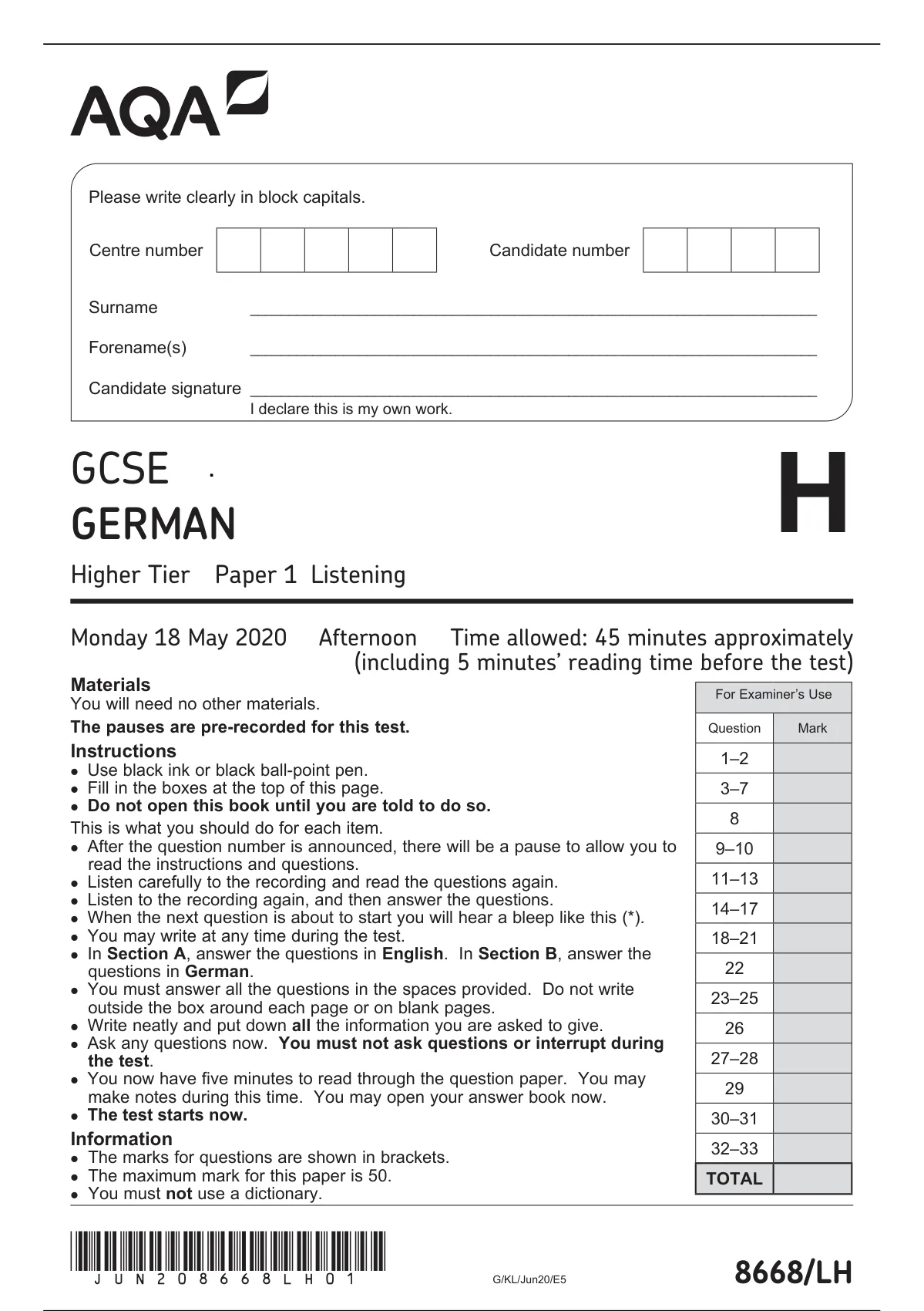 GCSE GERMAN Higher Tier Paper 1 Listening - GCSE GERMAN Higher Tier ...