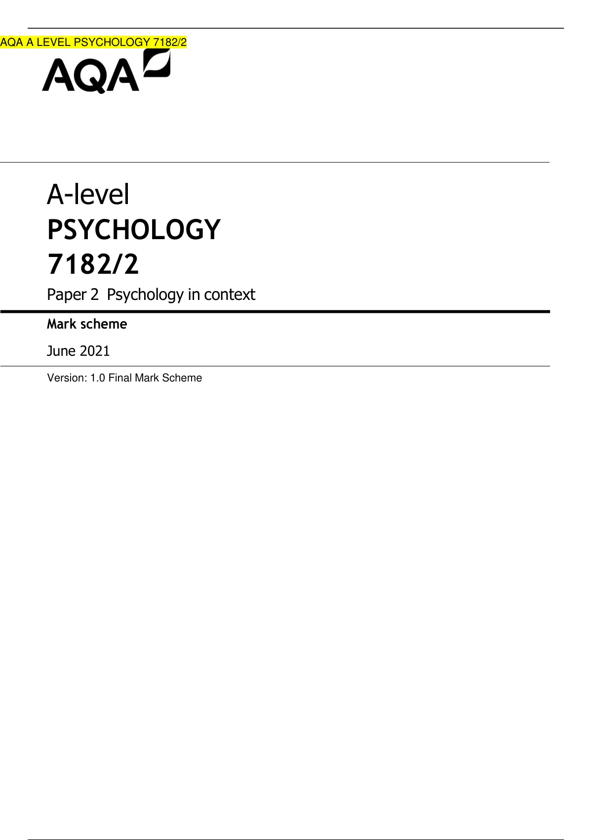 AQA A-level PSYCHOLOGY 7182/2 Paper 2 Psychology In Context Mark Scheme ...