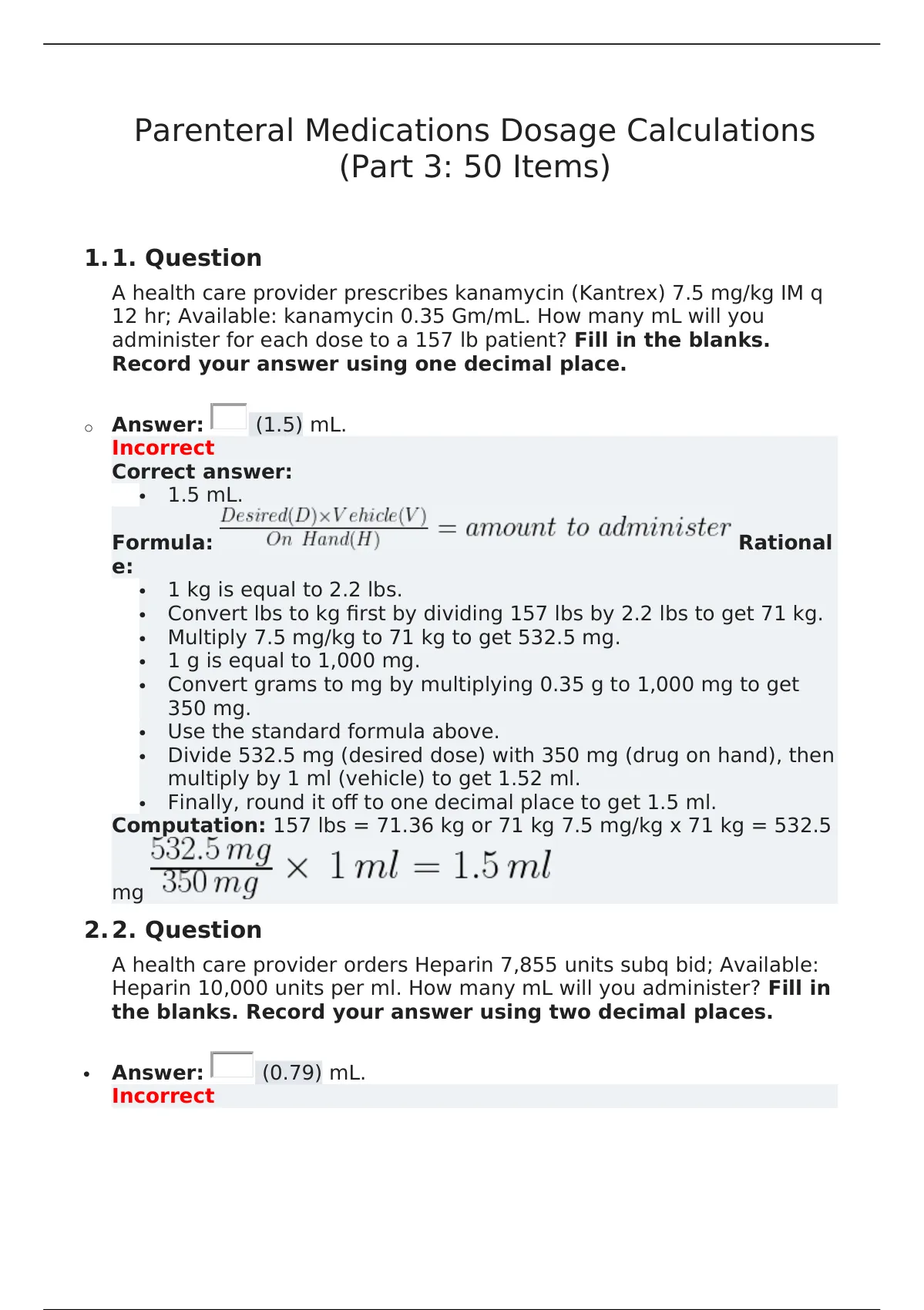 Parenteral Medications Dosage Calculations (Part 3: 50 Items ...