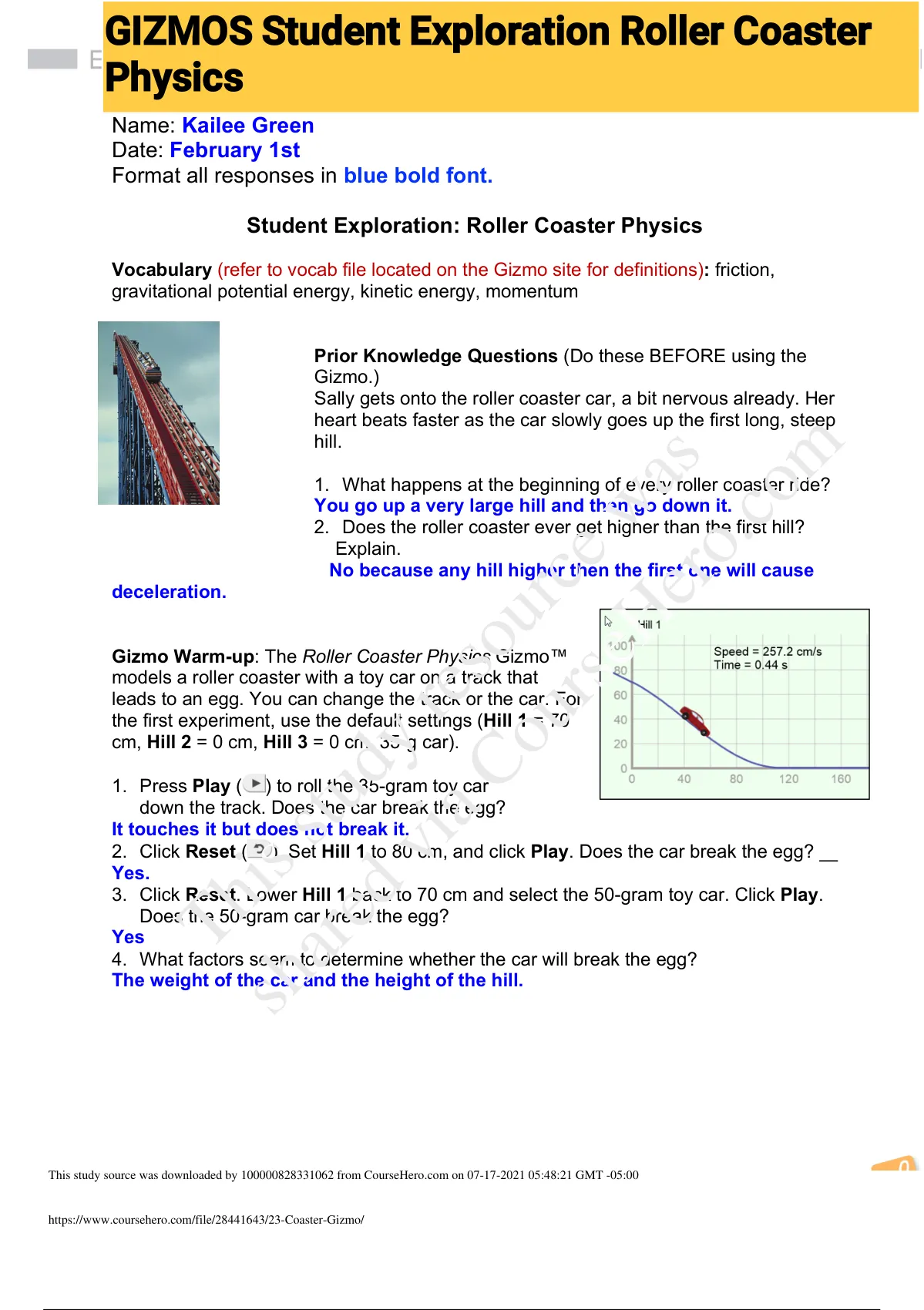 Exam elaborations GIZMOS Student Exploration Roller Coaster