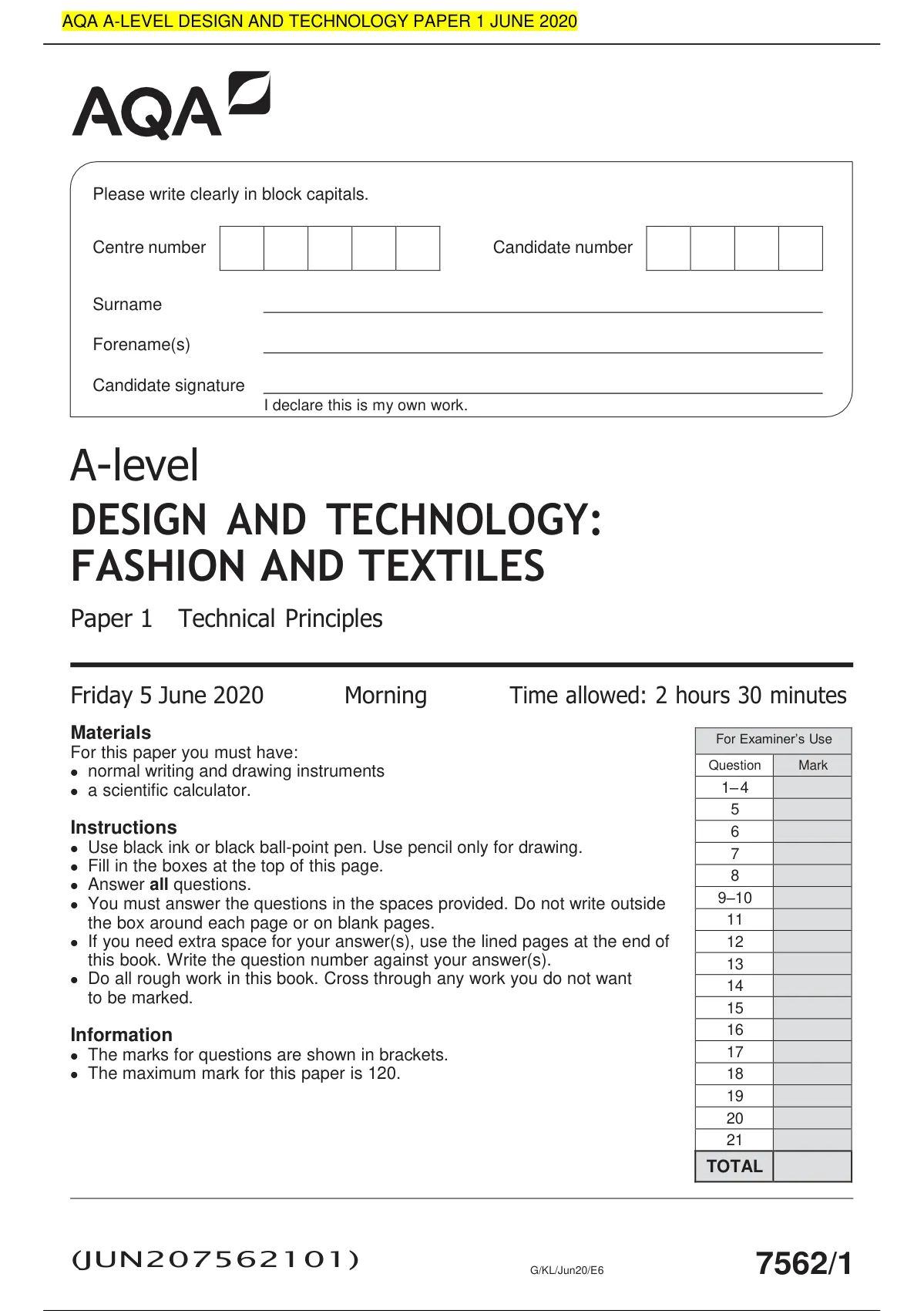 AQA A-level DESIGN AND TECHNOLOGY: FASHION AND TEXTILES Paper 1 ...