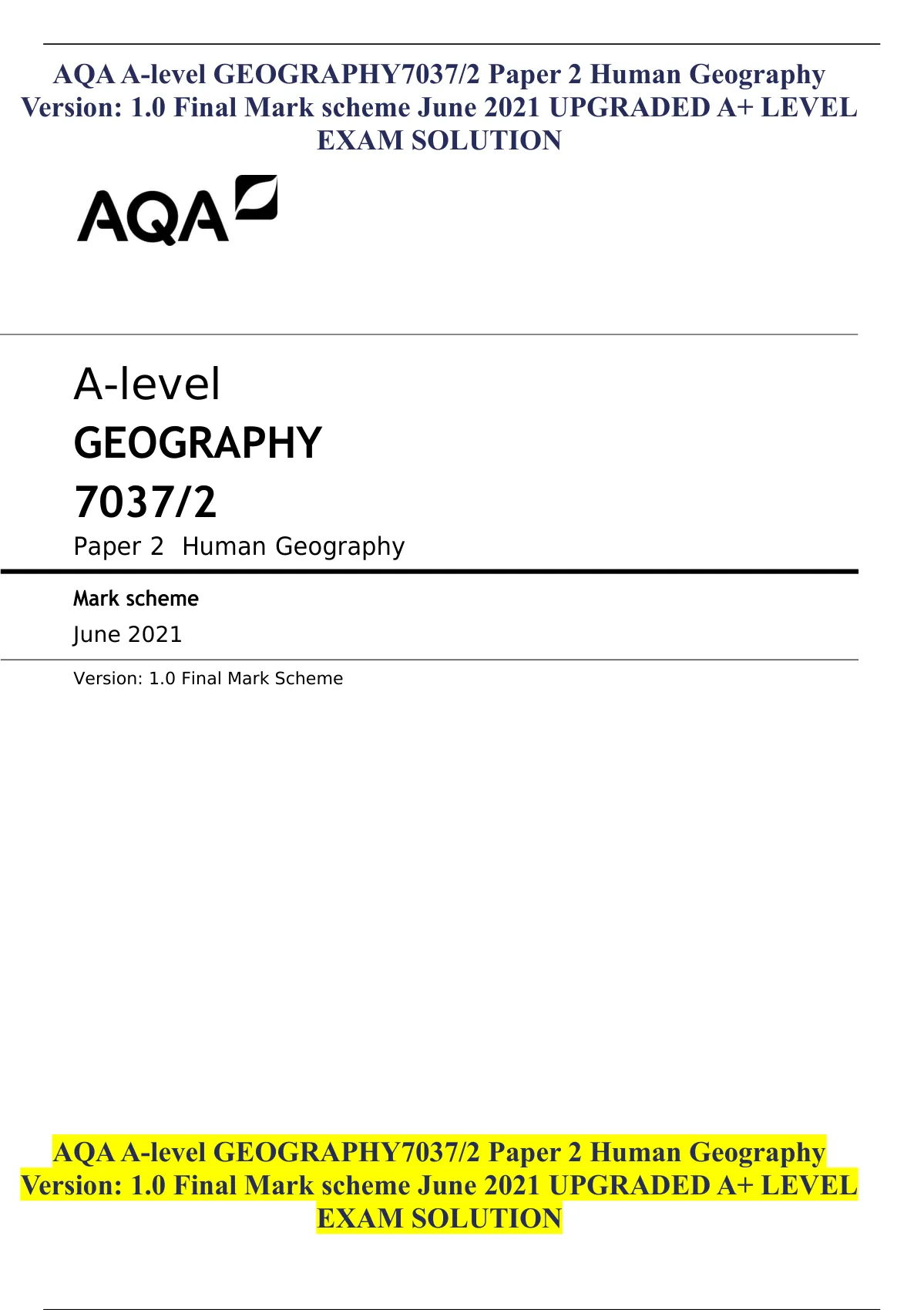 AQA A-level GEOGRAPHY7037/2 Paper 2 Human Geography Version: 1.0 Final ...