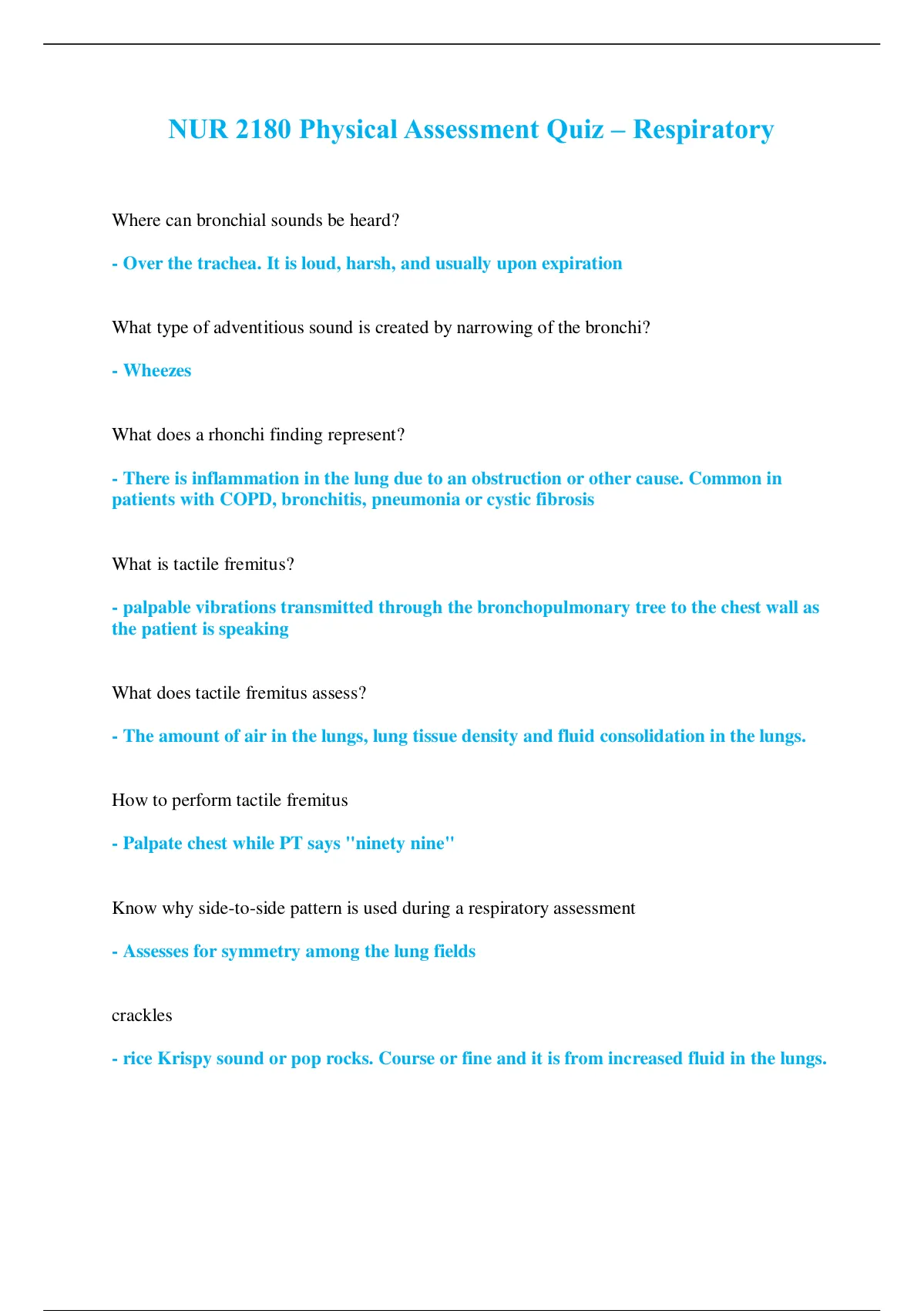 NUR 2180 Physical Assessment Quiz - Respiratory - NUR 2180 - Stuvia US