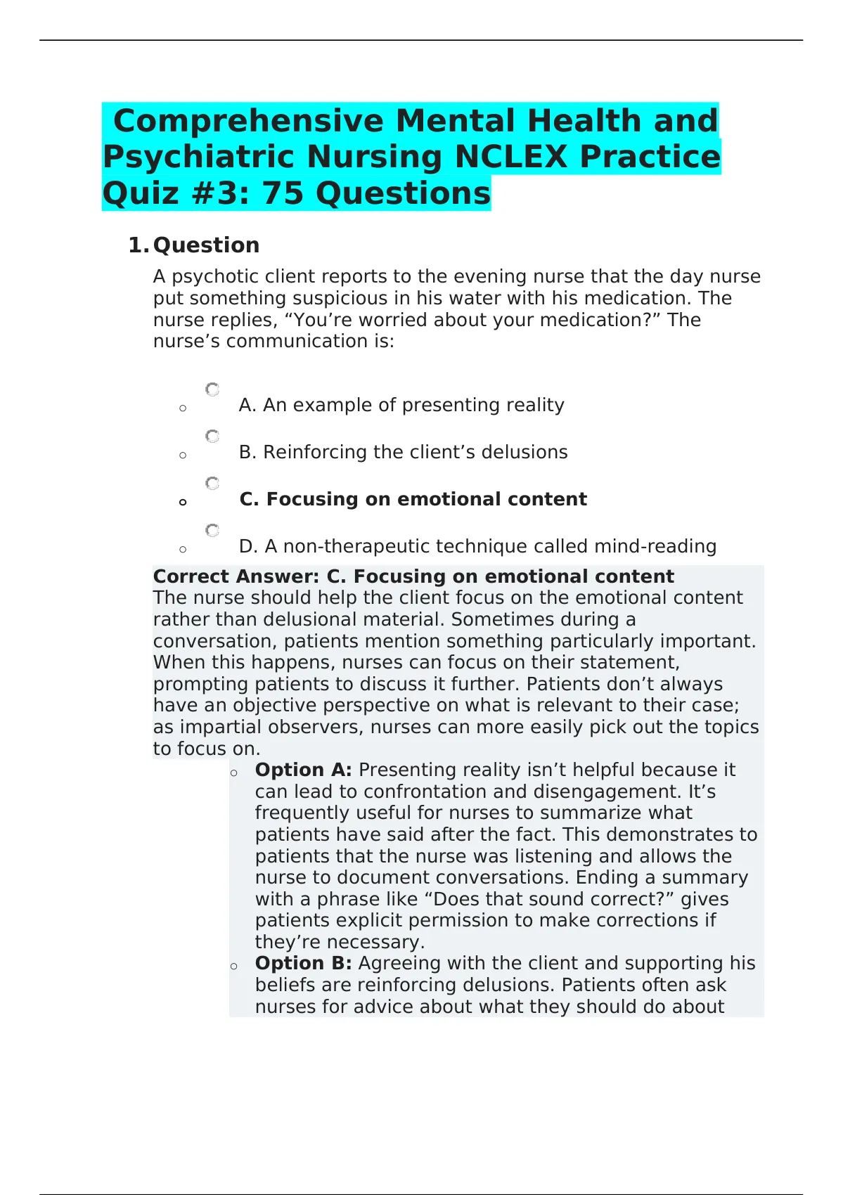 Comprehensive Mental Health And Psychiatric Nursing NCLEX Practice Quiz ...