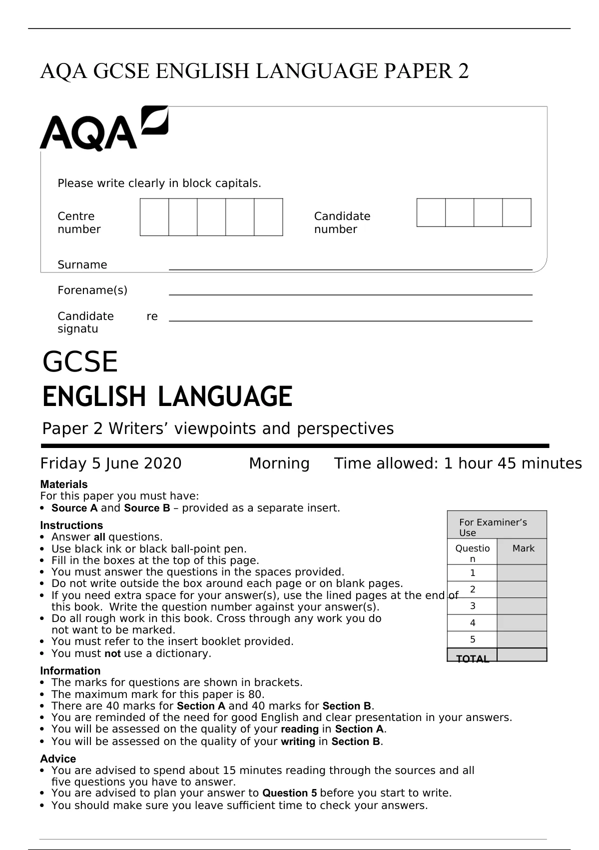 AQA GCSE ENGLISH LANGUAGE PAPER 2 LATEST UPDATE - AQA GCSE ENGLISH ...