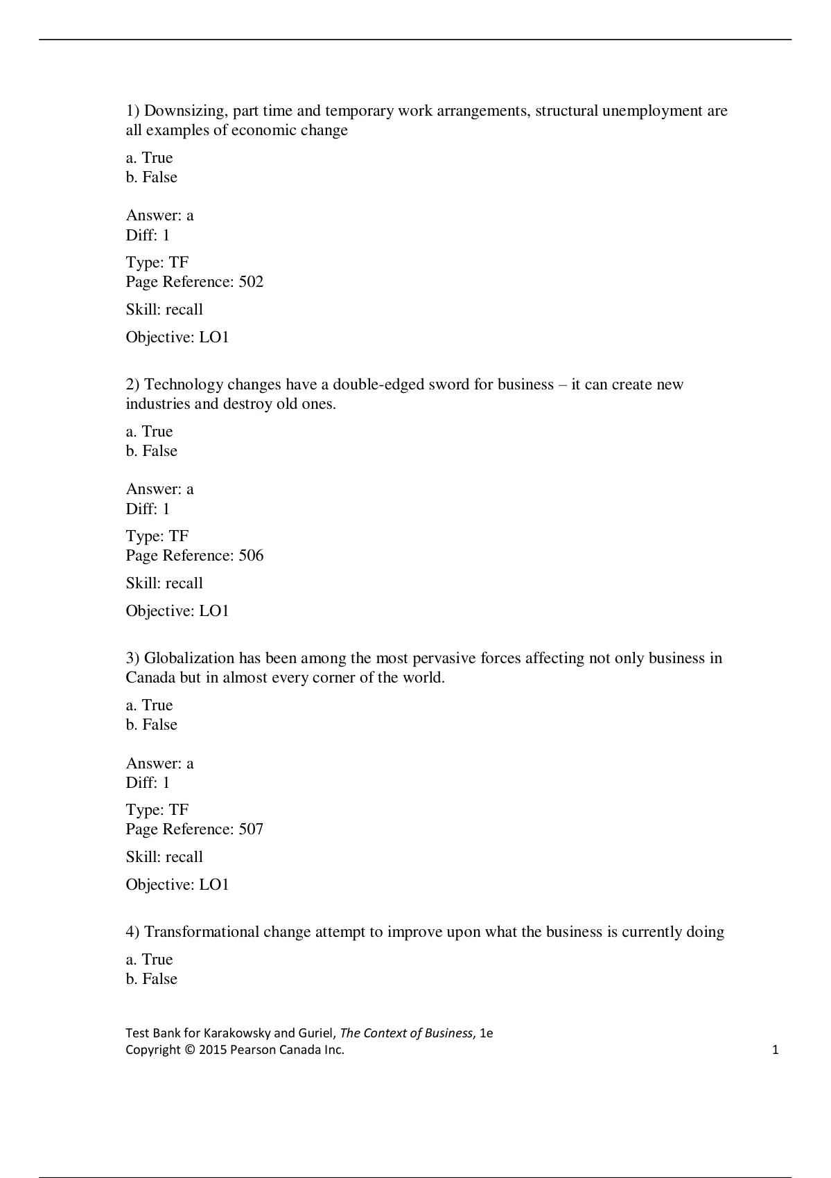 Test Bank for Karakowsky and Guriel, The Context of Business. Questions ...