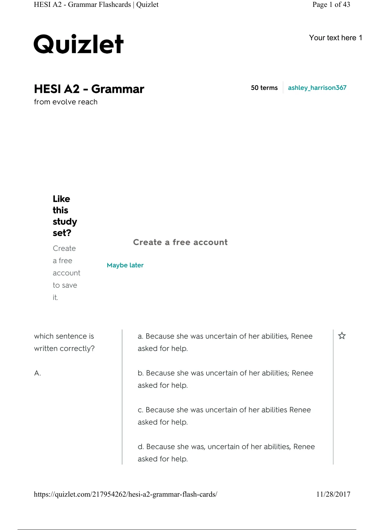 HESI A2 GRAMMAR FLASHCARDS| QUIZLET - HESI A2 GRAMMAR - Stuvia US