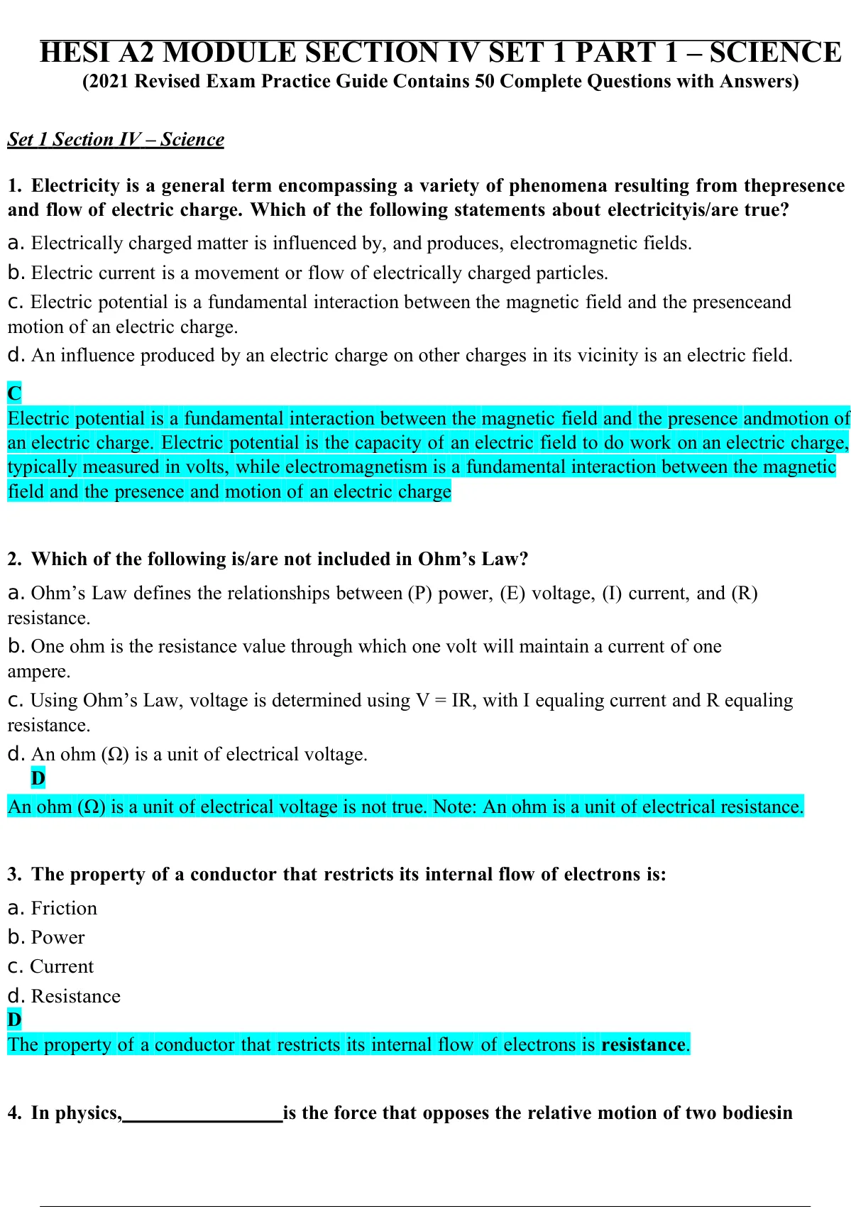 Hesi A2 Module Section Iv Set 1 Part 1 Science 2021 Revised Exam Practice Guide Contains 50 3330