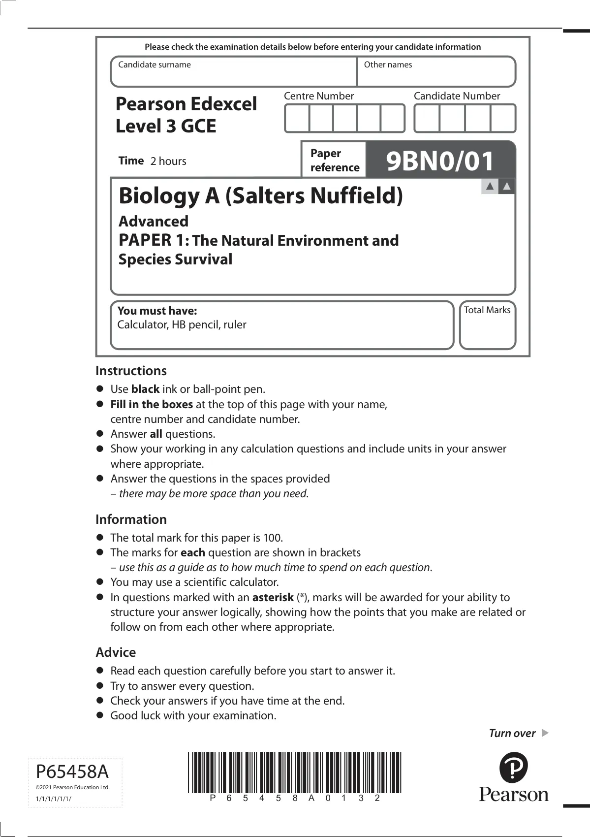 Pearson Edexcel Level 3 GCE QUESTION PAPER NOVEMBER 2021 Biology A ...