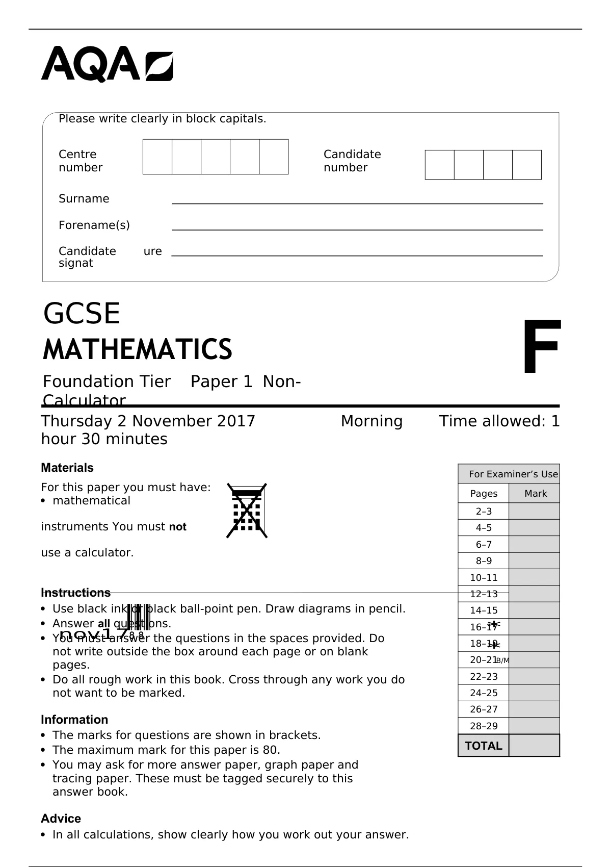 GCSE MATHEMATICS Foundation Tier Paper 1 Non-Calculator Best for 2022 ...