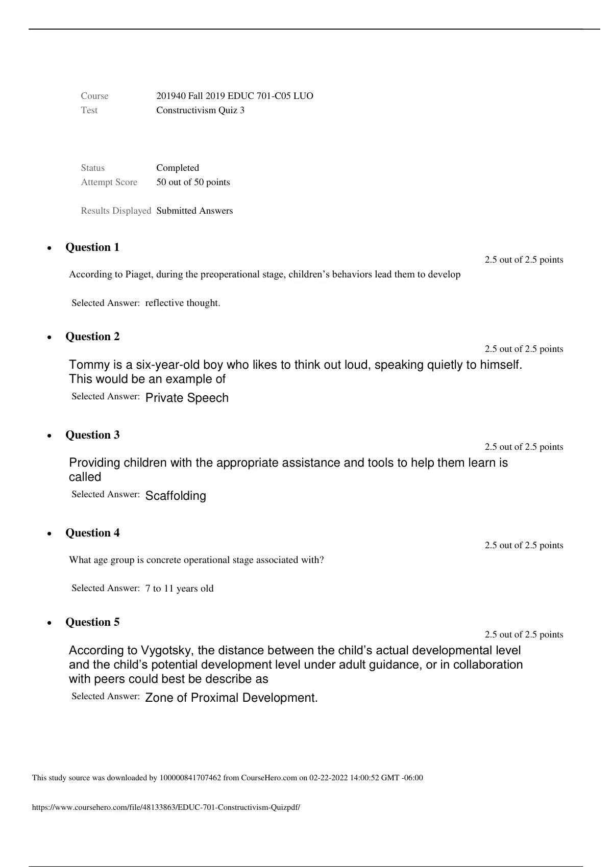 EDUC 701 C05 LUO Test Constructivism Quiz 3 Completed Attempt