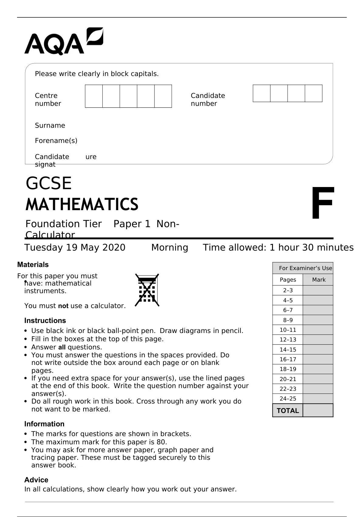 AQA GCSE MATHEMATICS Foundation Tier Paper 1 Non-Calculator ...