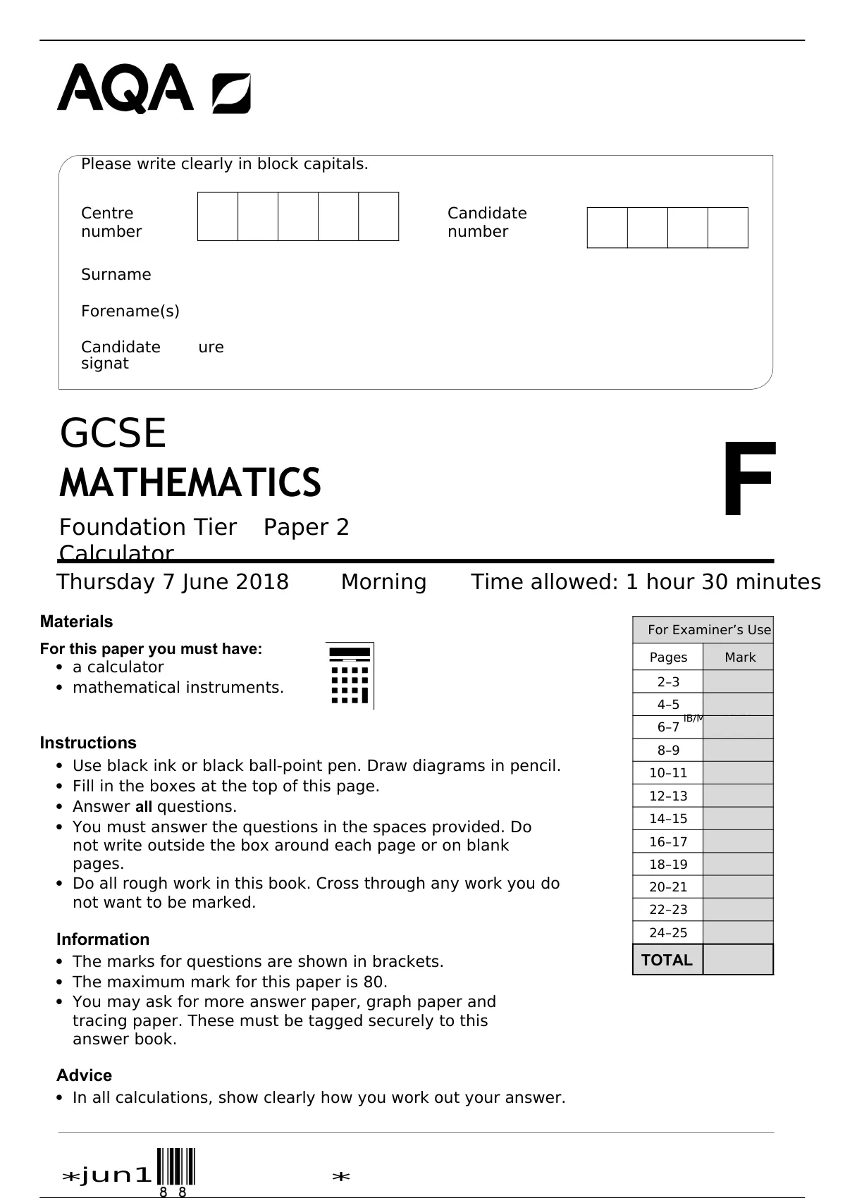 AQA GCSE MATHEMATICS Foundation Tier Paper 2 Calculator - Mathematics ...