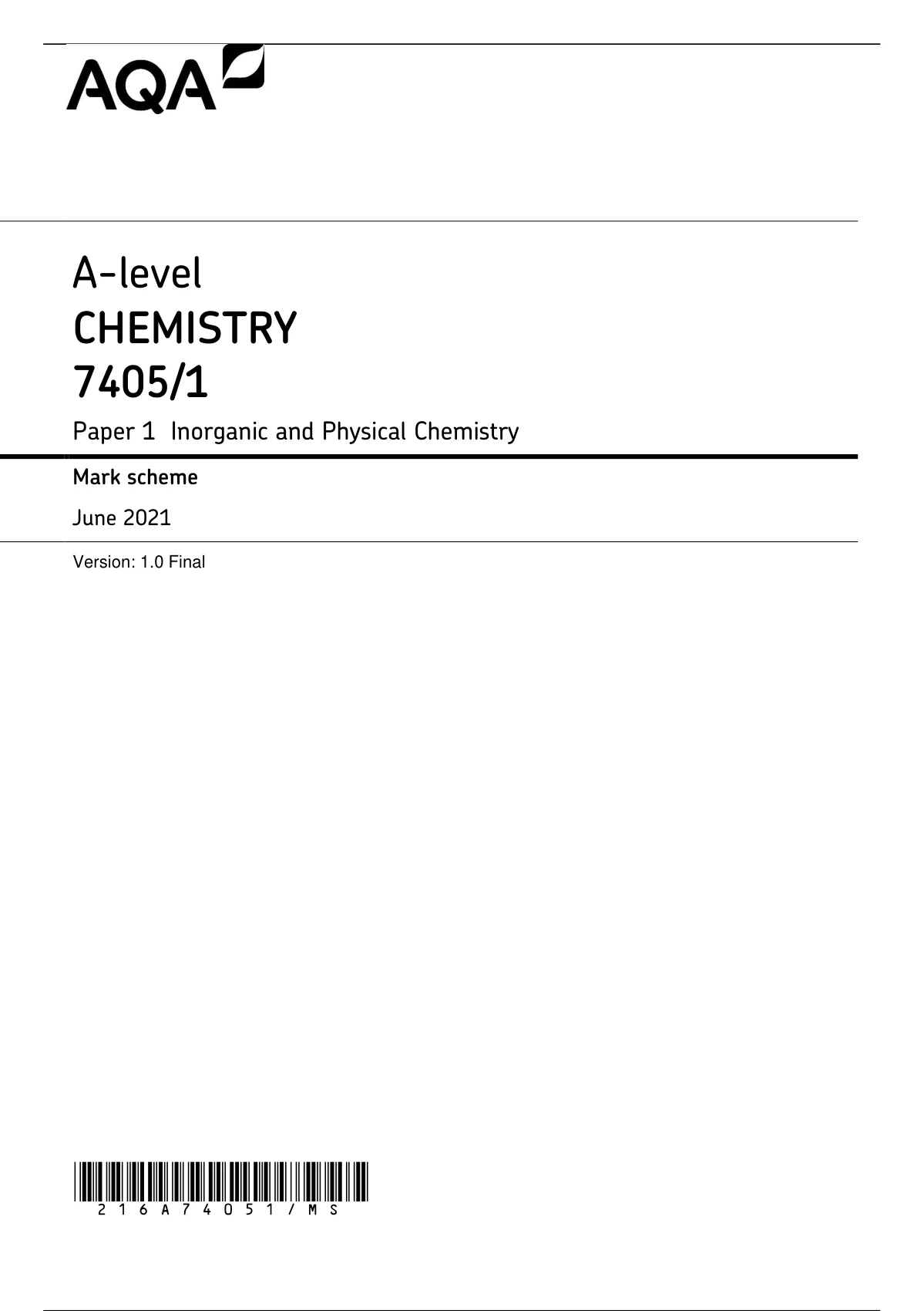 2021 Aqa Alevel Chemistry Markscheme Only Paper 1 - Aqa - Stuvia UK