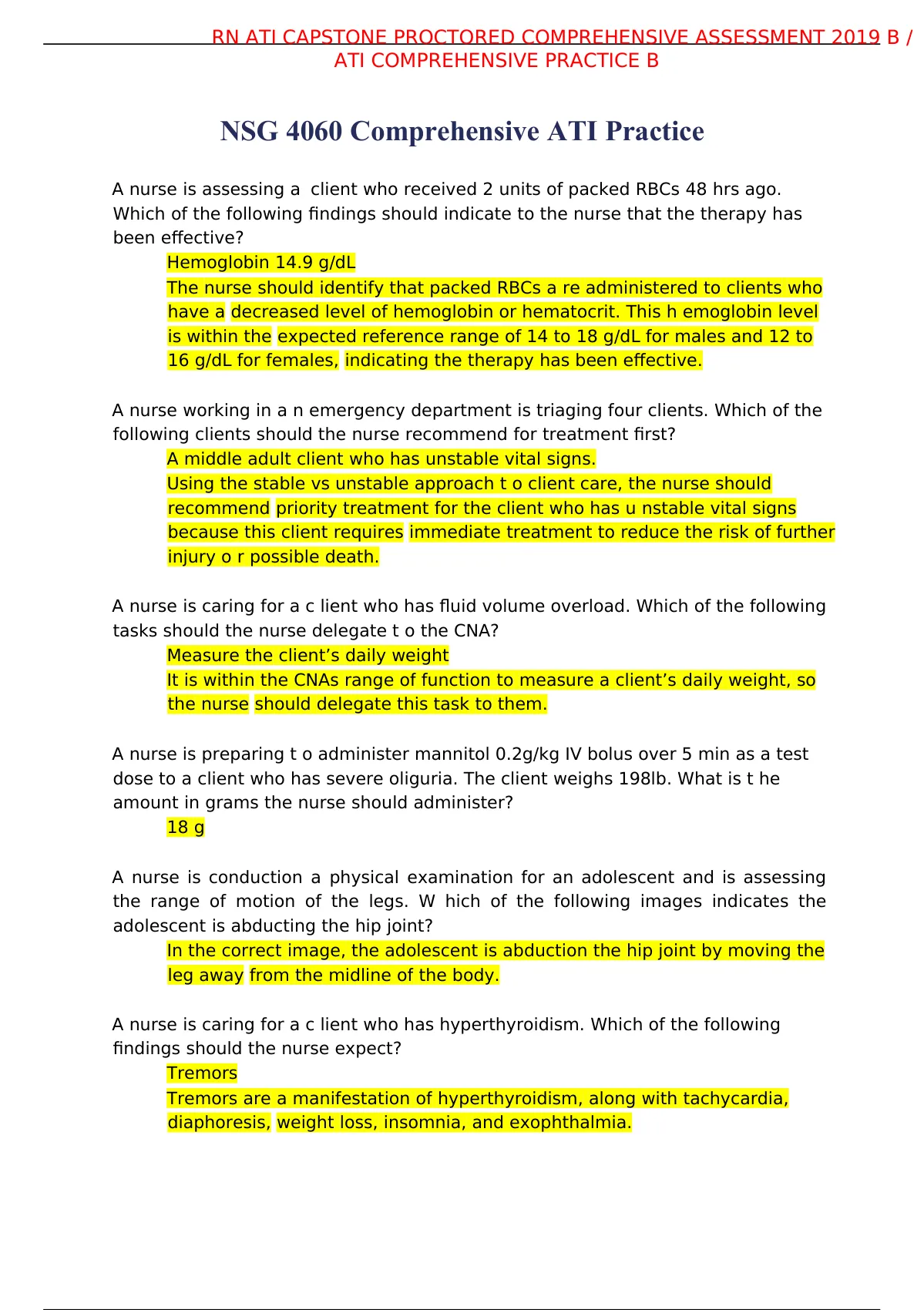 RN ATI Capstone Proctored Comprehensive Assessment 2019 B | ATI ...