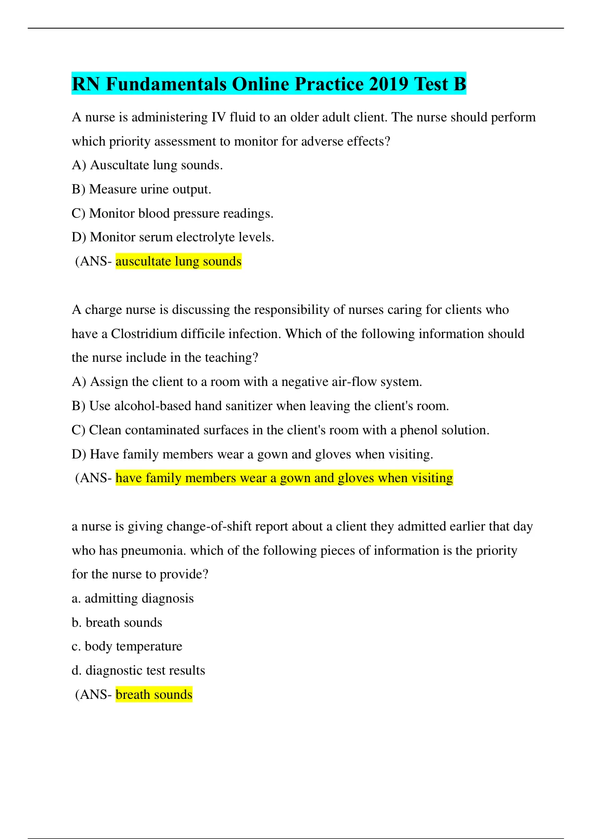 ATI RN Fundamentals Online Practice 2019 Test B/ Guaranteed A+Guide ...