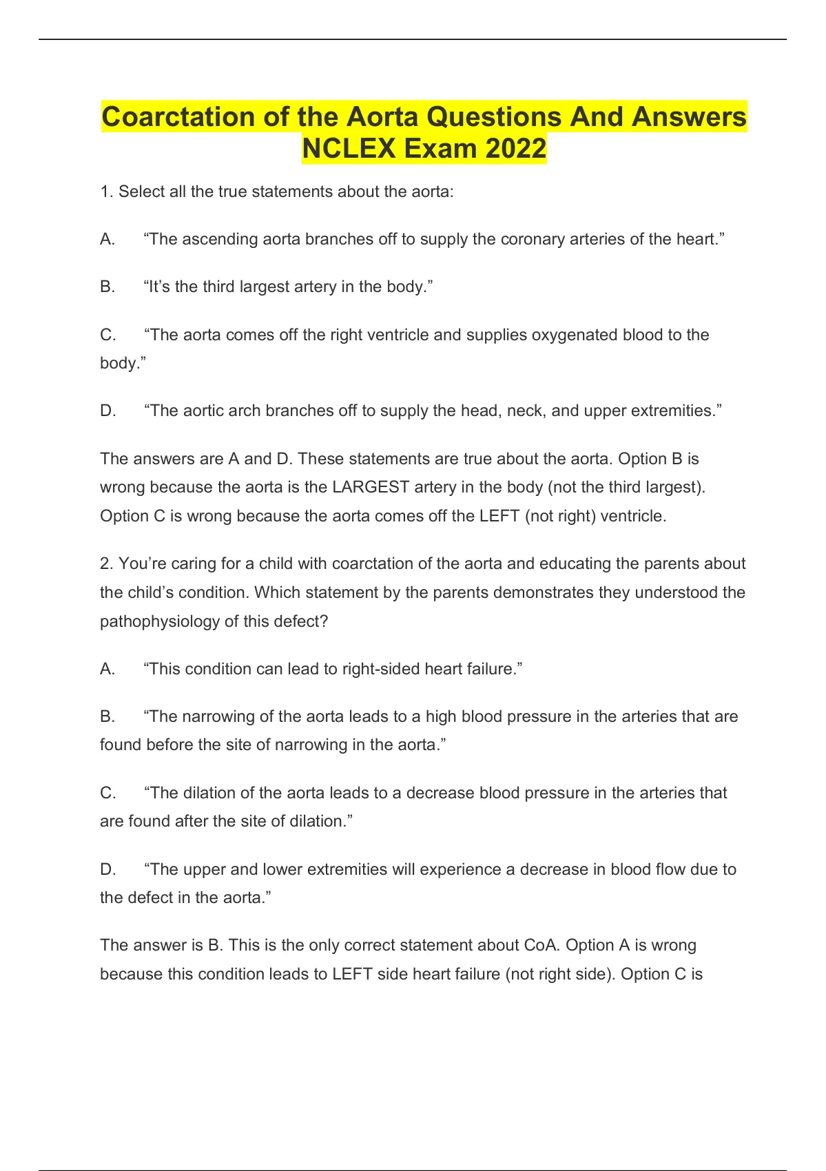 Coarctation of the Aorta Questions And Answers NCLEX Exam 2022 ...