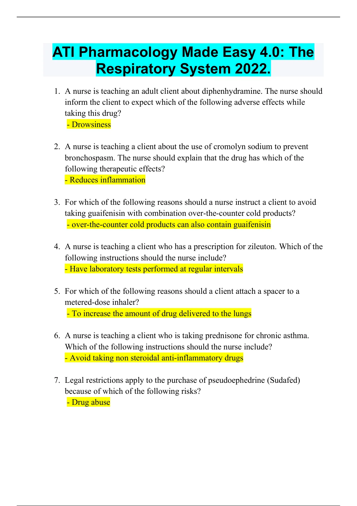 ATI Pharmacology Made Easy 4.0 The Respiratory System (answered) The