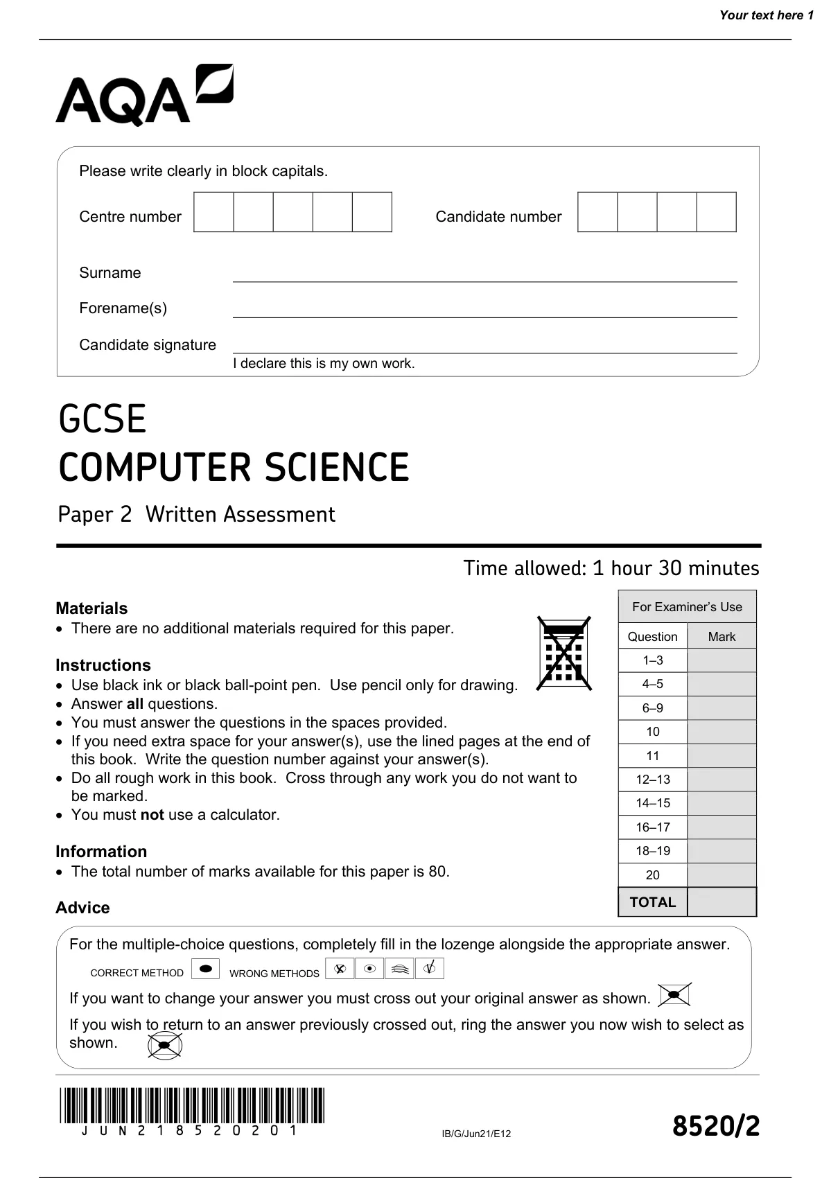 AQA GCSE COMPUTER SCIENCE Paper 2 Written Assessment 2021 QP - GCSE ...