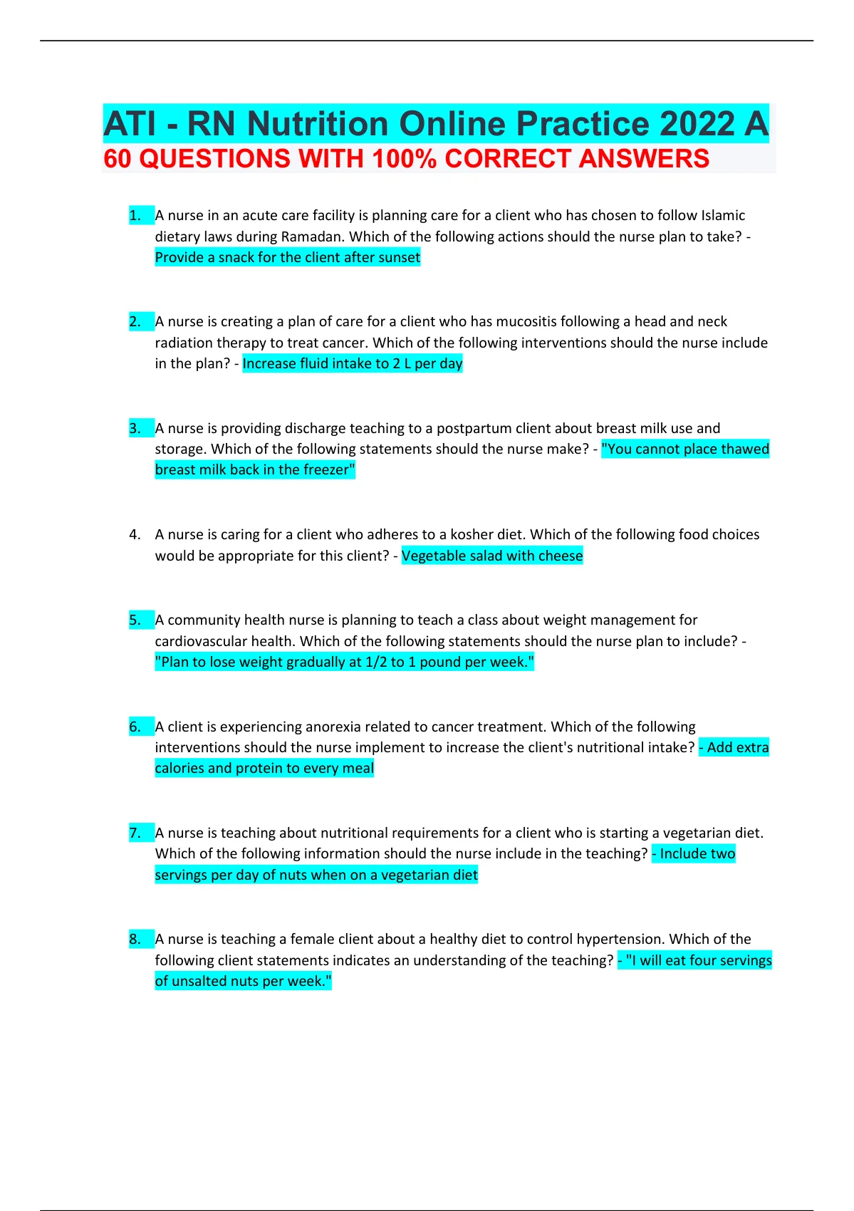 ATI RN Nutrition Online Practice 2022 A 60 QUESTIONS WITH 100