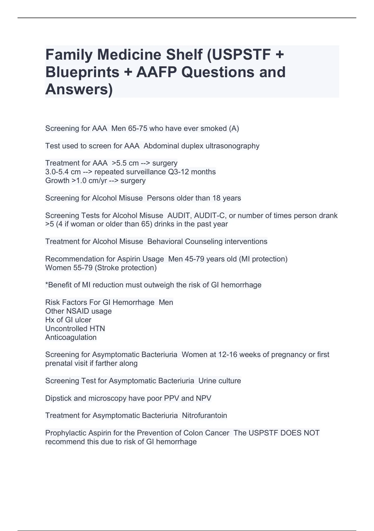 Family Medicine Shelf (USPSTF + Blueprints + AAFP Questions and Answers