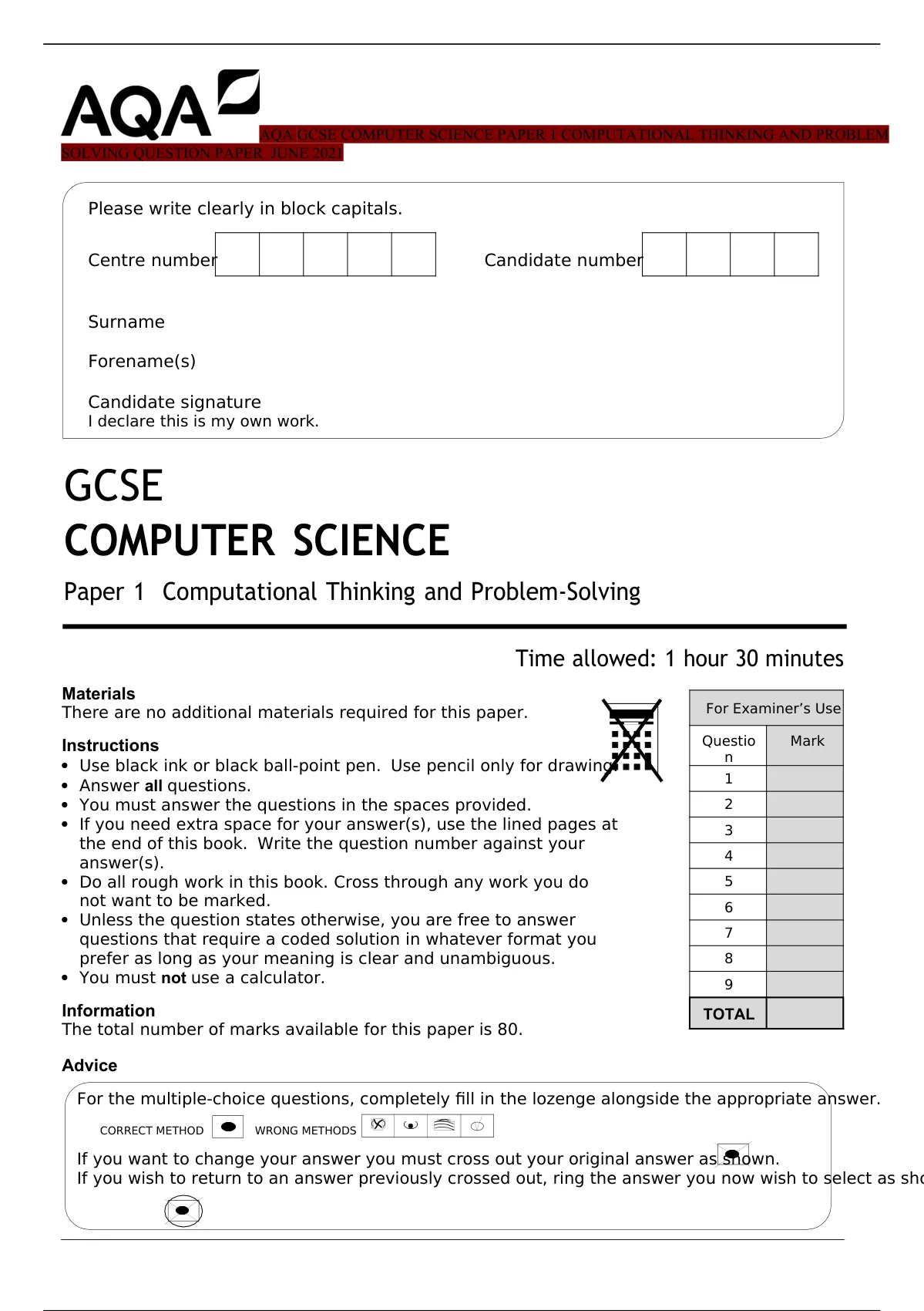 Aqa Gcse Computer Science 8520 1 Paper 1 Computational Thinking And