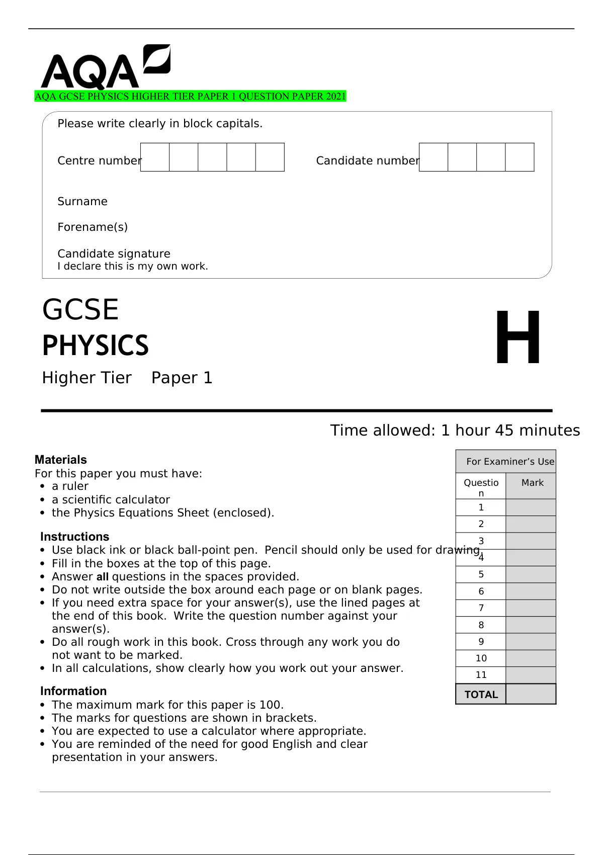 AQA GCSE PHYSICS HIGHER TIER PAPER 1 QUESTION PAPER 2021 - AQA GCSE ...