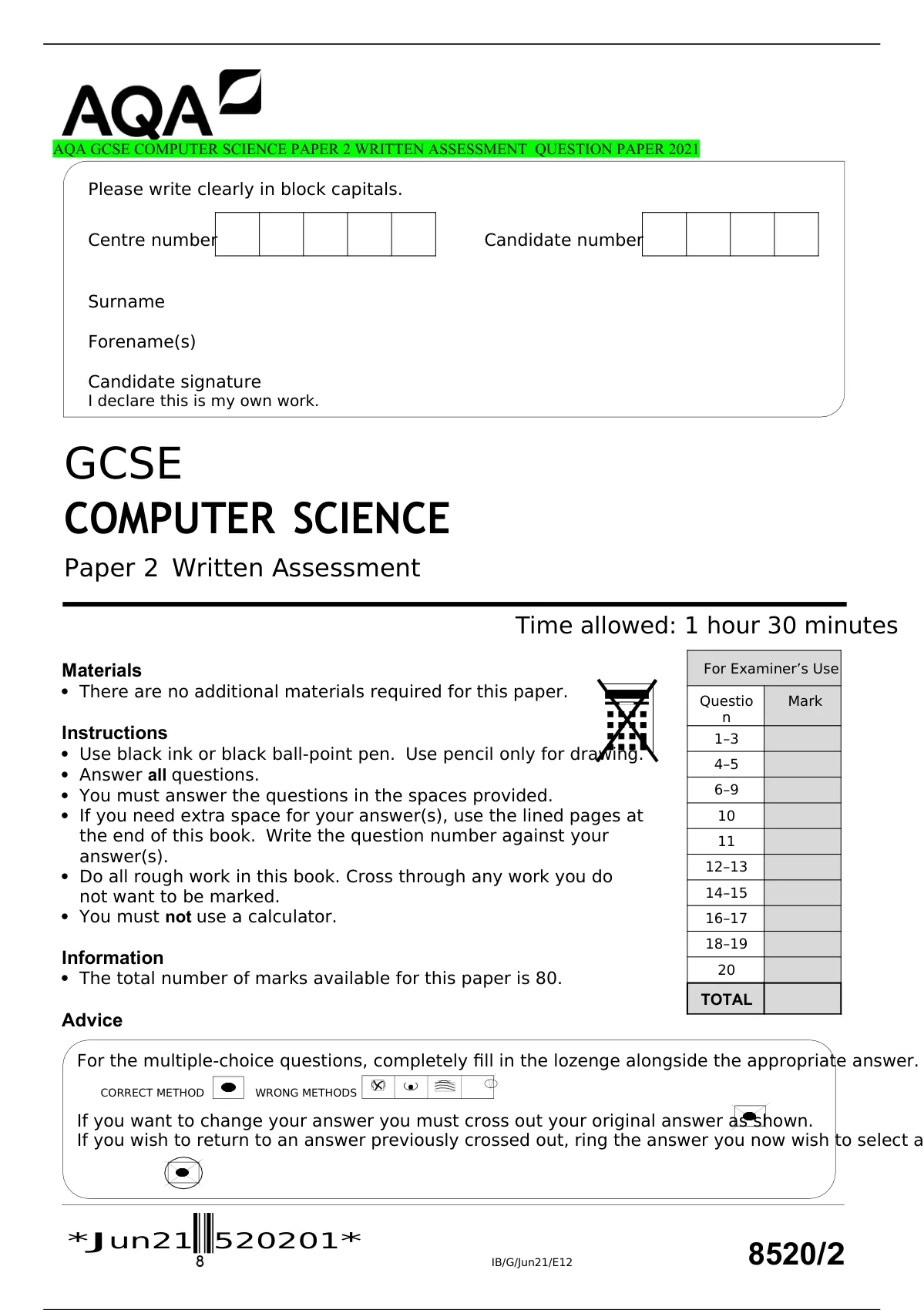 AQA GCSE COMPUTER SCIENCE 8520/2 PAPER 2 WRITTEN ASSESSMENT QUESTION ...