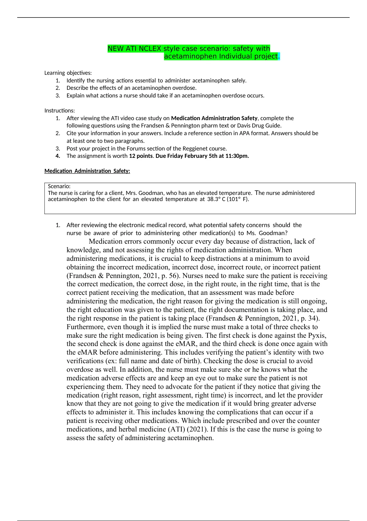 ATI NCLEX style case scenario safety with acetaminophen Individual ...