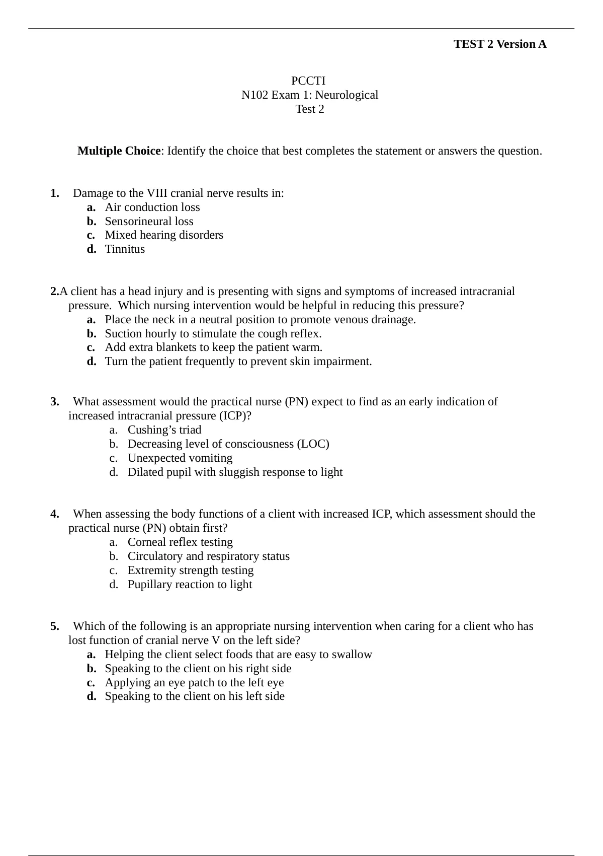 Pccti N Exam Neurological Test Nursing Stuvia Us