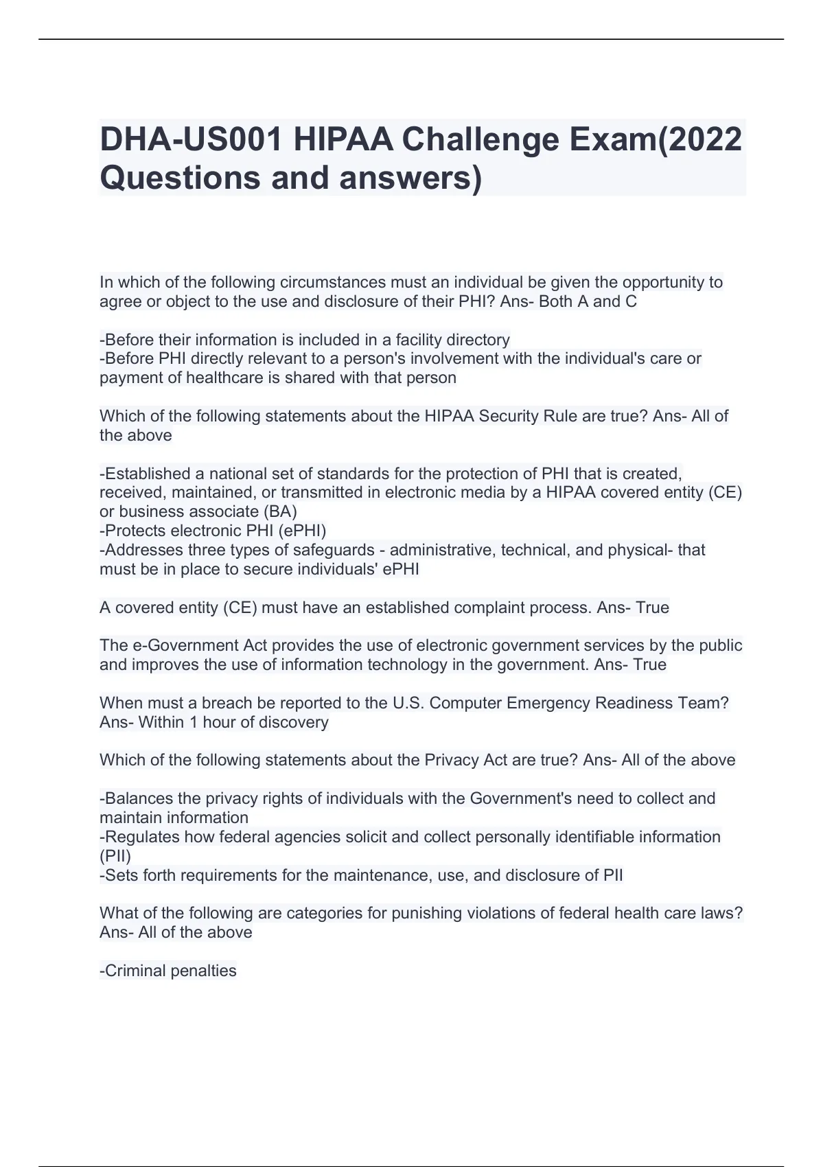 DHAUS001 HIPAA Challenge Exam(2022 Questions and answers) DHAUS001