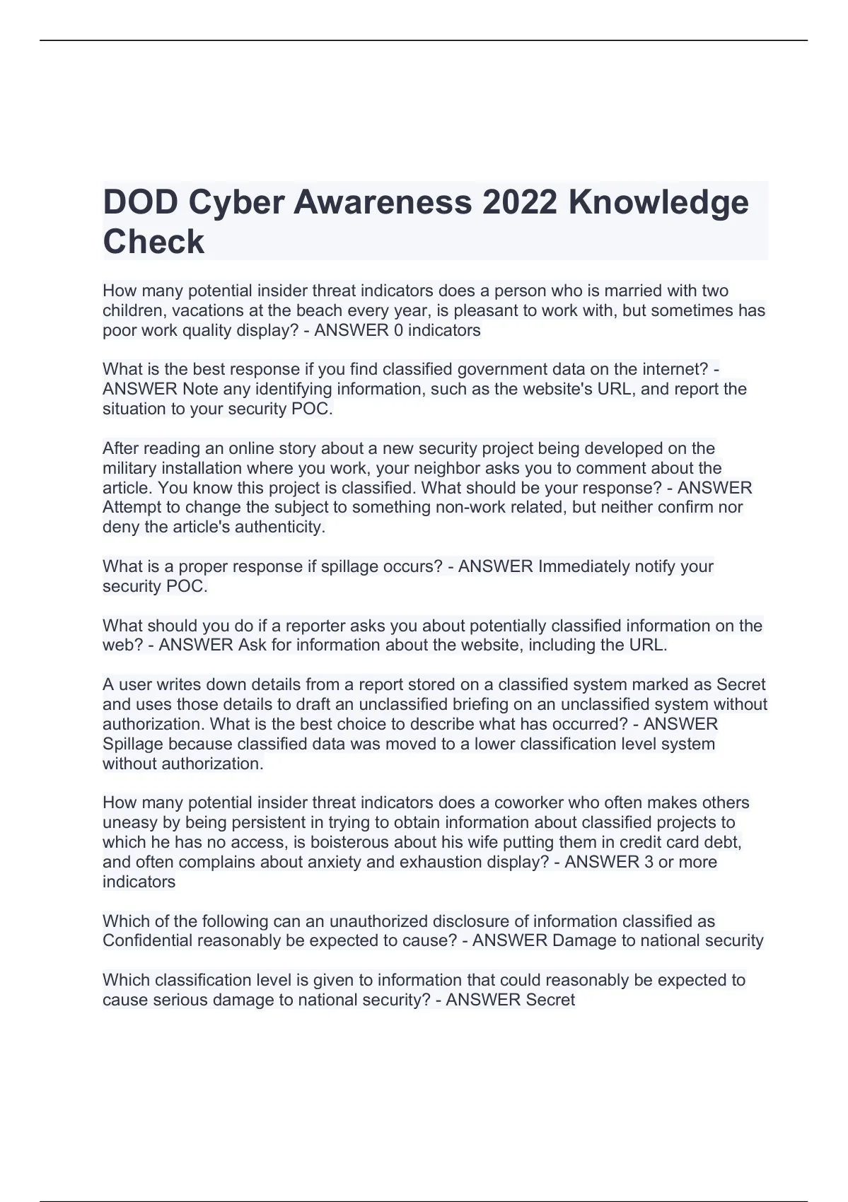 DOD Cyber Awareness 2022 Knowledge Check DOD Cyber Awareness 2022