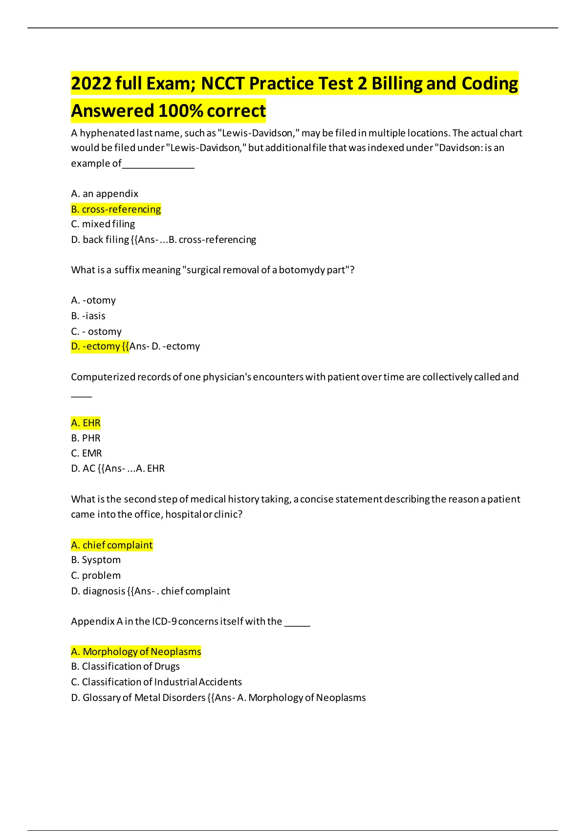 2022 full Exam; NCCT Practice Test 2 Billing and Coding Answered 100