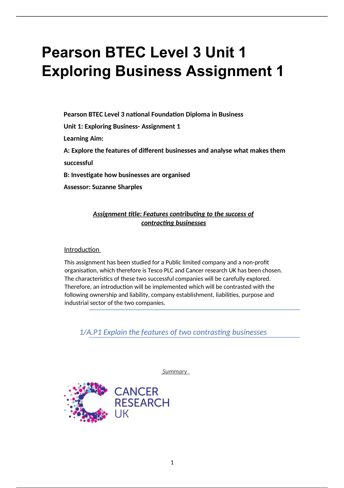 Summary BTEC Business Level 3: Unit 1 - Exploring Businesses ...