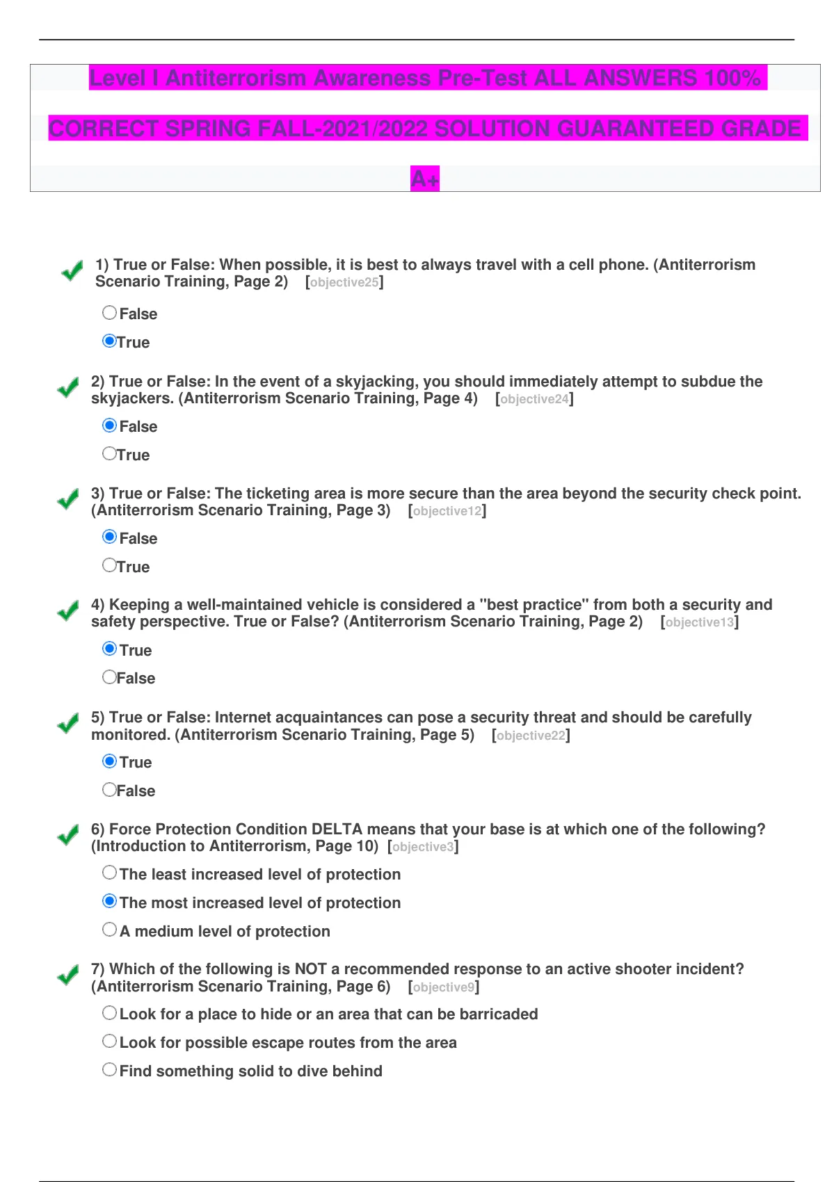 Level I Antiterrorism Awareness Pre-Test ALL ANSWERS 100% CORRECT ...