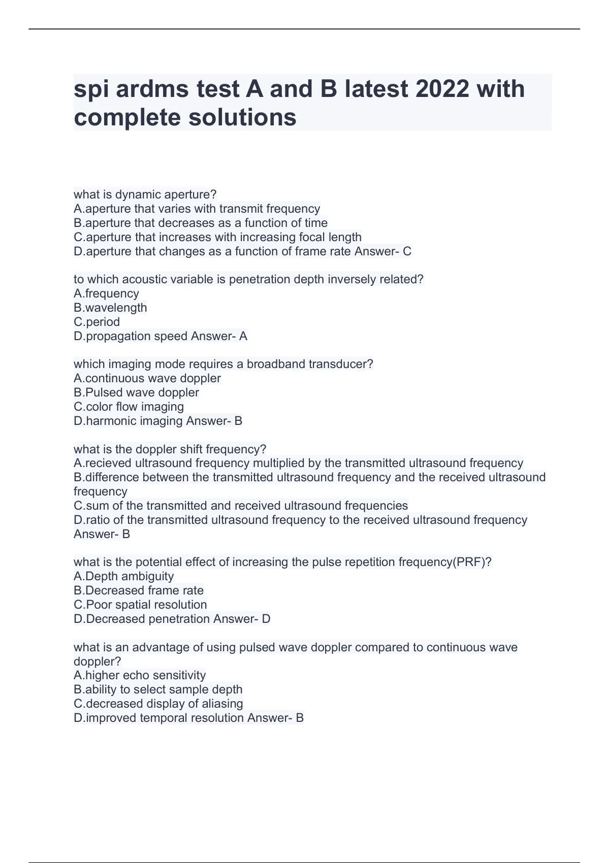 Spi Ardms Test A And B Latest 2022 With Complete Solutions - Ardms ...