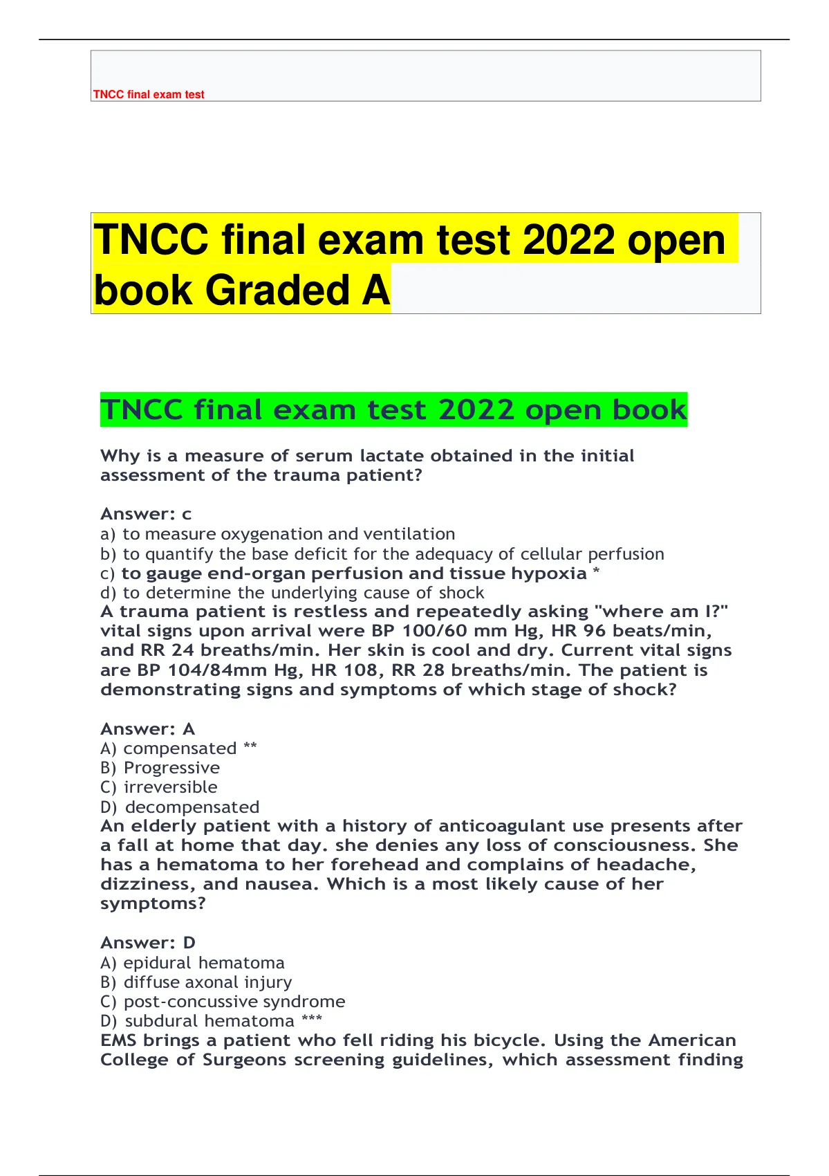 TNCC Final Exam Test 2022 Open Book Graded A - TNCC - Stuvia US