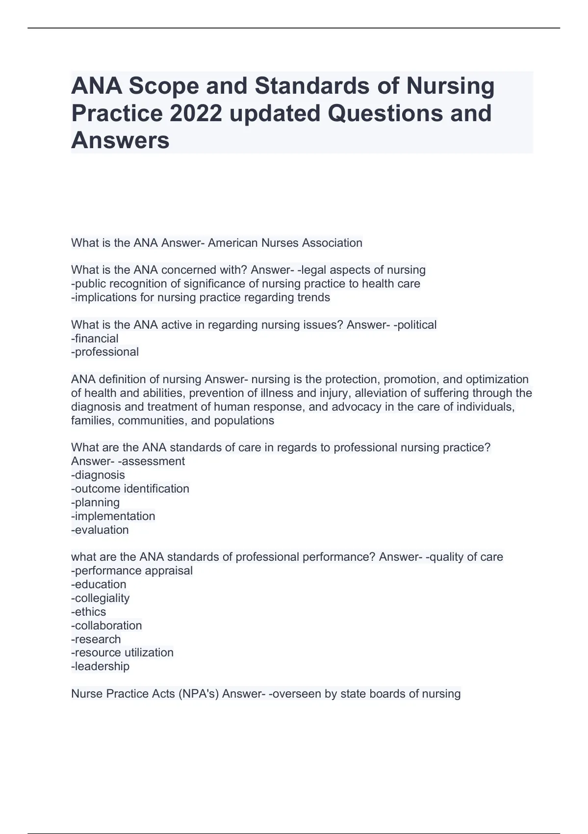 ANA Scope and Standards of Nursing Practice 2022 updated Questions and