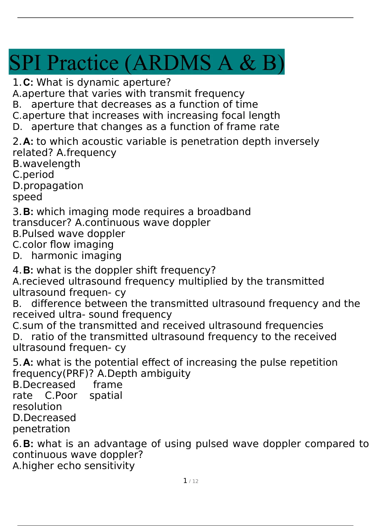 SPI Practice (ARDMS A & B) Verified Answers 2022/2023 - SPI ARDMS ...