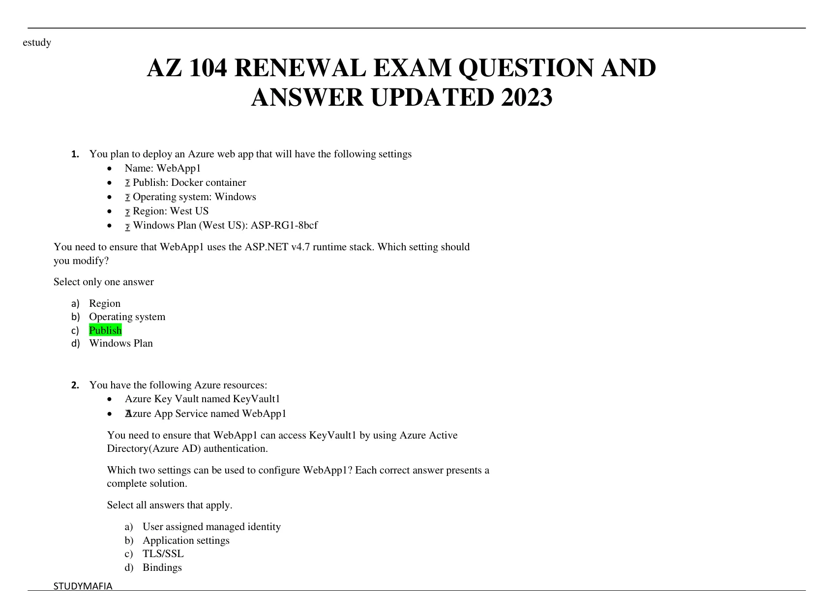 AZ 104 RENEWAL EXAM QUESTION AND ANSWER UPDATED 2023 AZ 104 RENEWAL