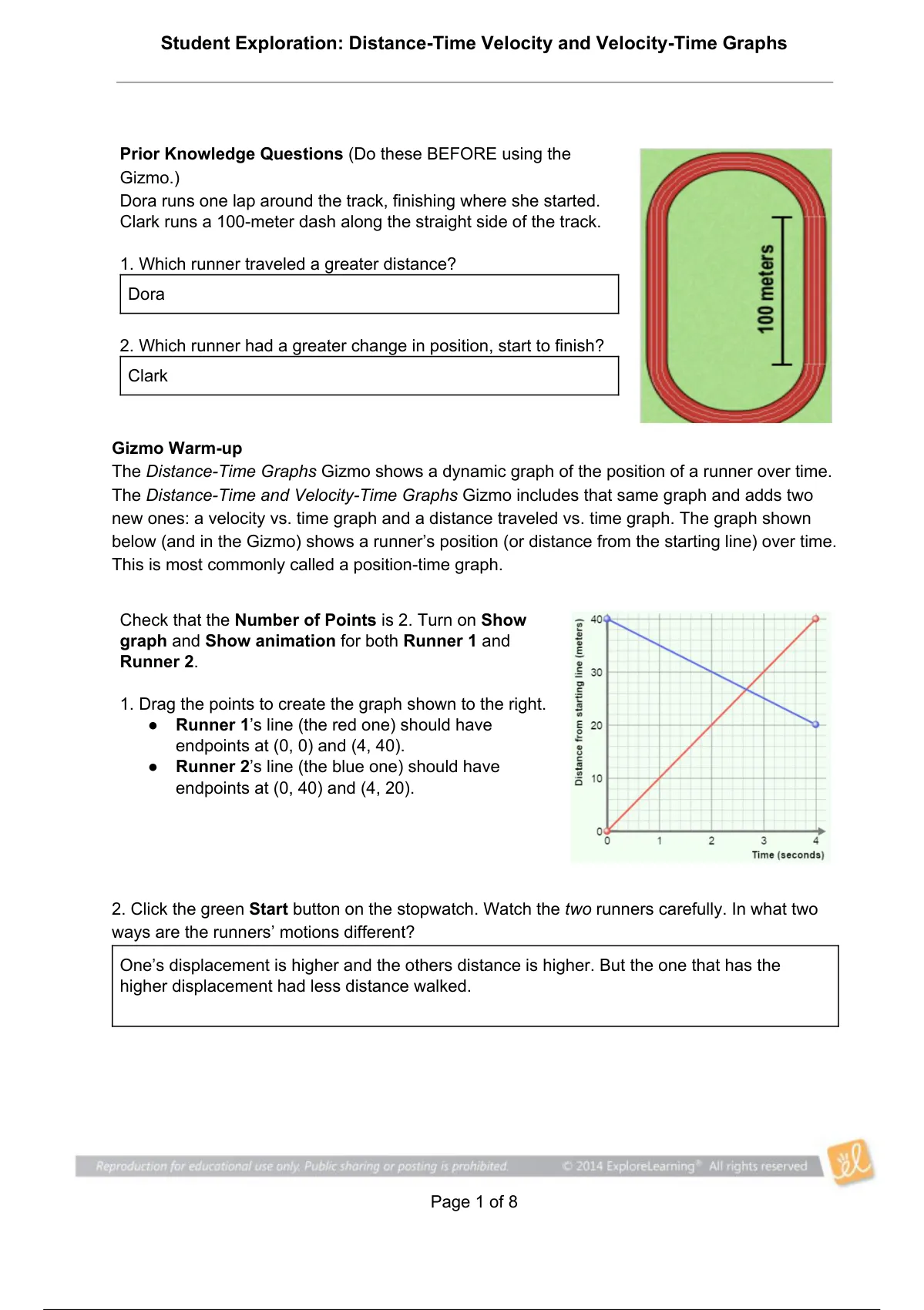 Gizmos Student Exploration Distance-Time Velocity and Velocity-Time ...