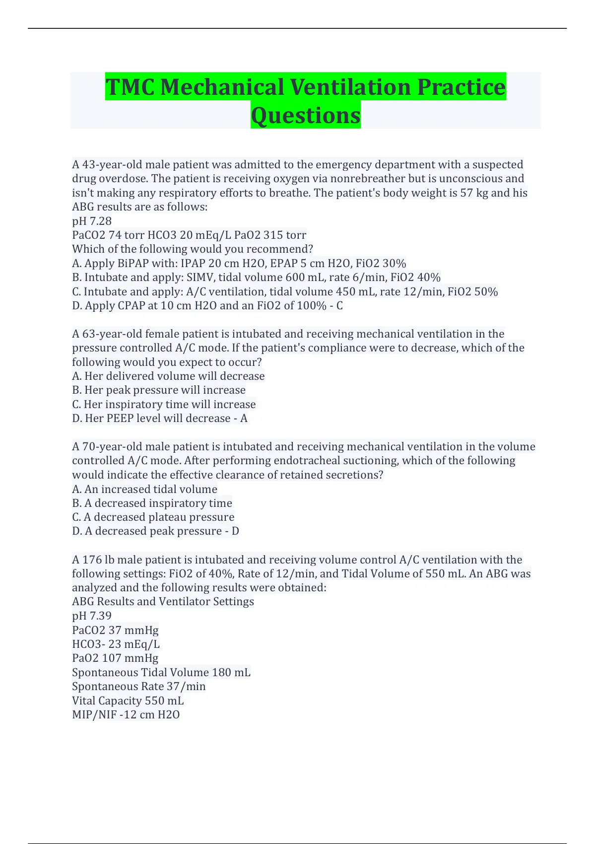 TMC Mechanical Ventilation Practice Questions And Answers Latest Update ...